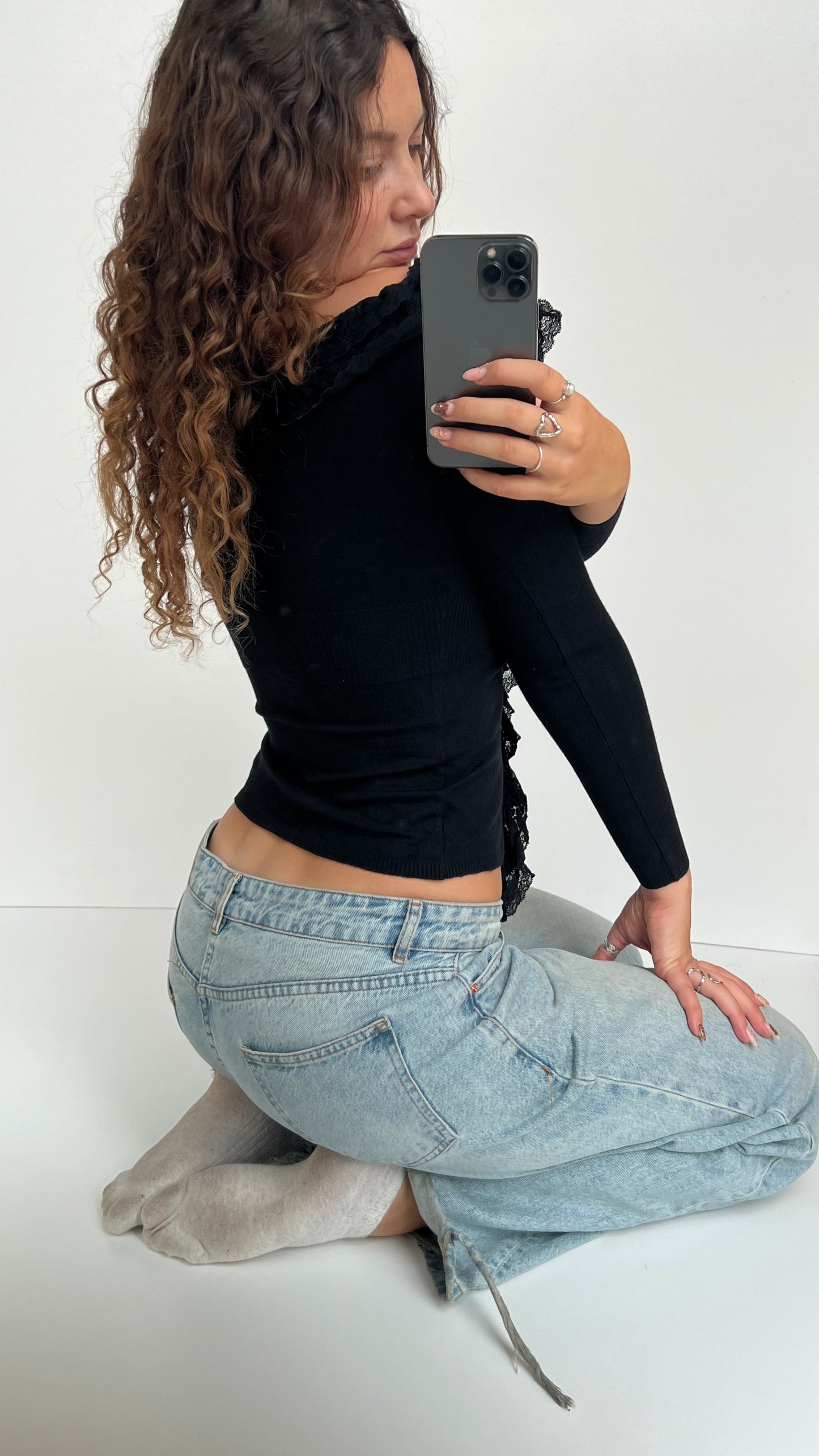 00s black lace long sleeve top- size S
