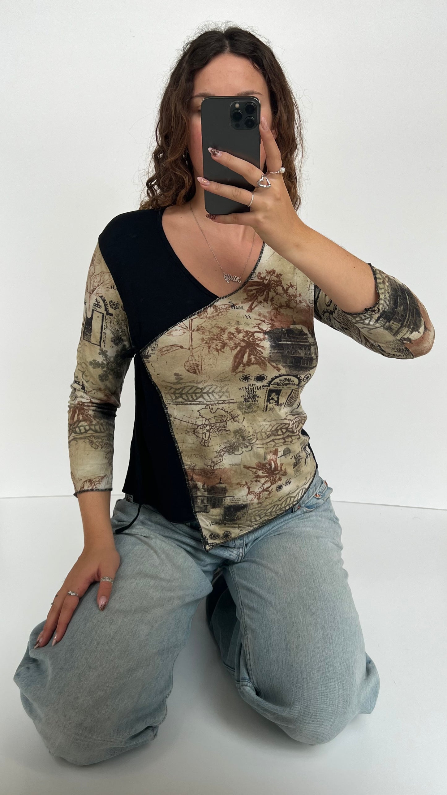 00s black beige wrap top- size L