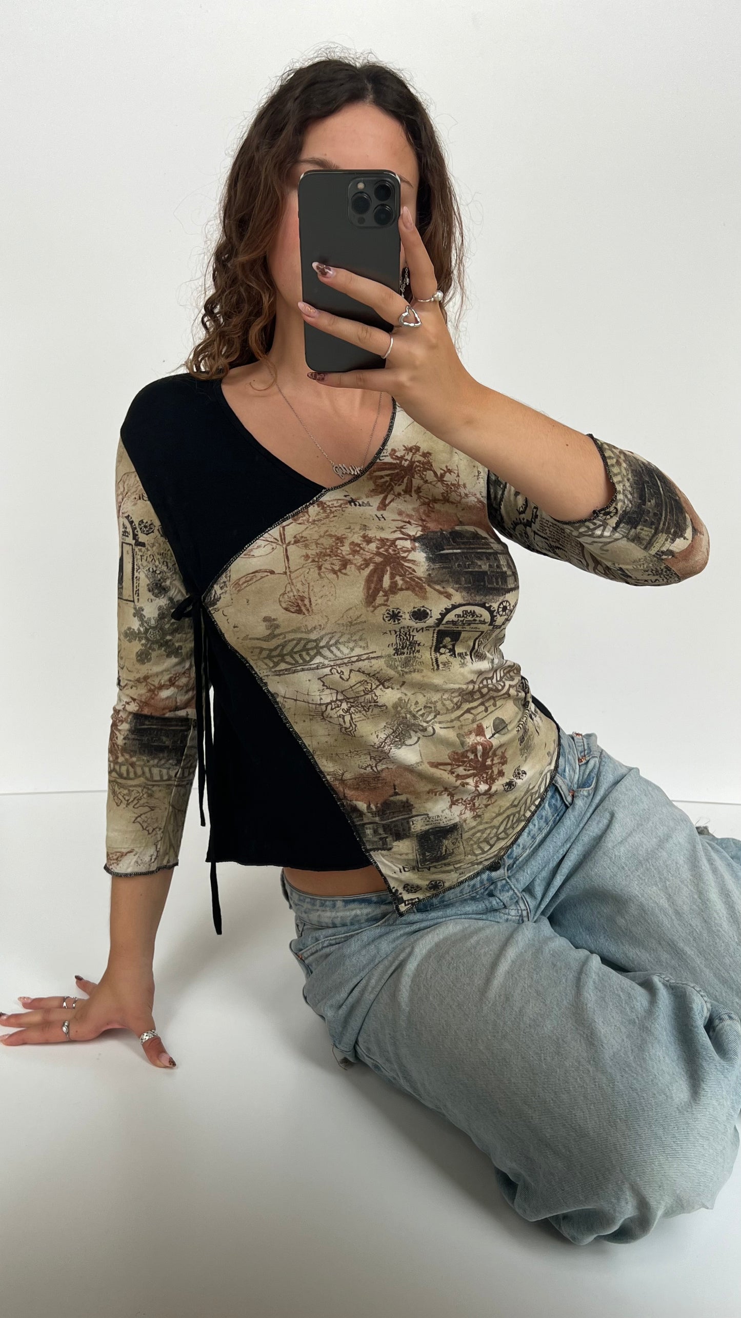 00s black beige wrap top- size L