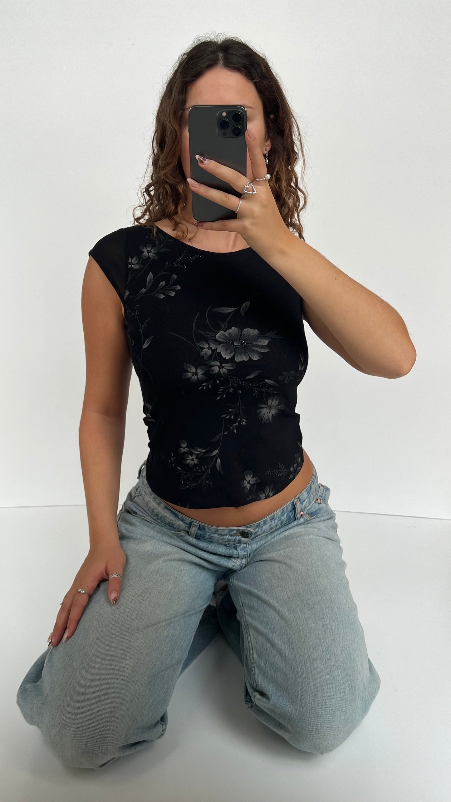 00s black floral baby tee- size S