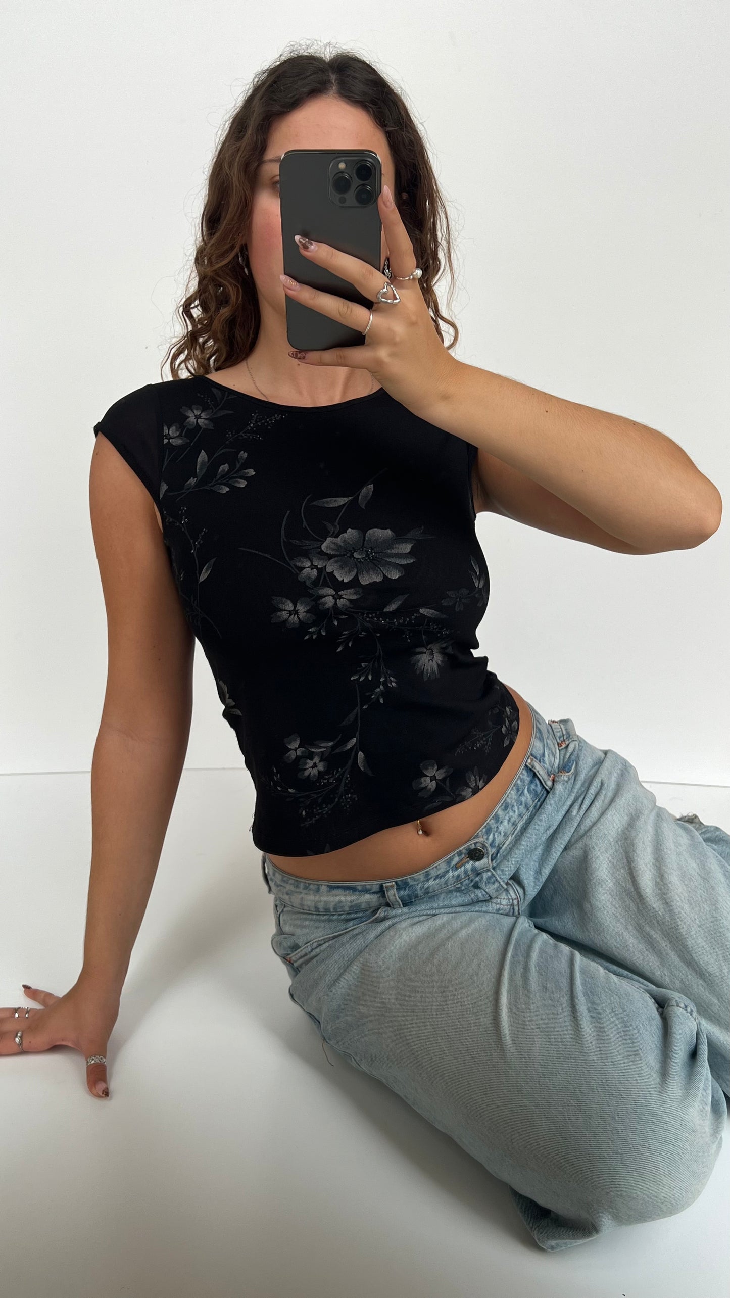 00s black floral baby tee- size S
