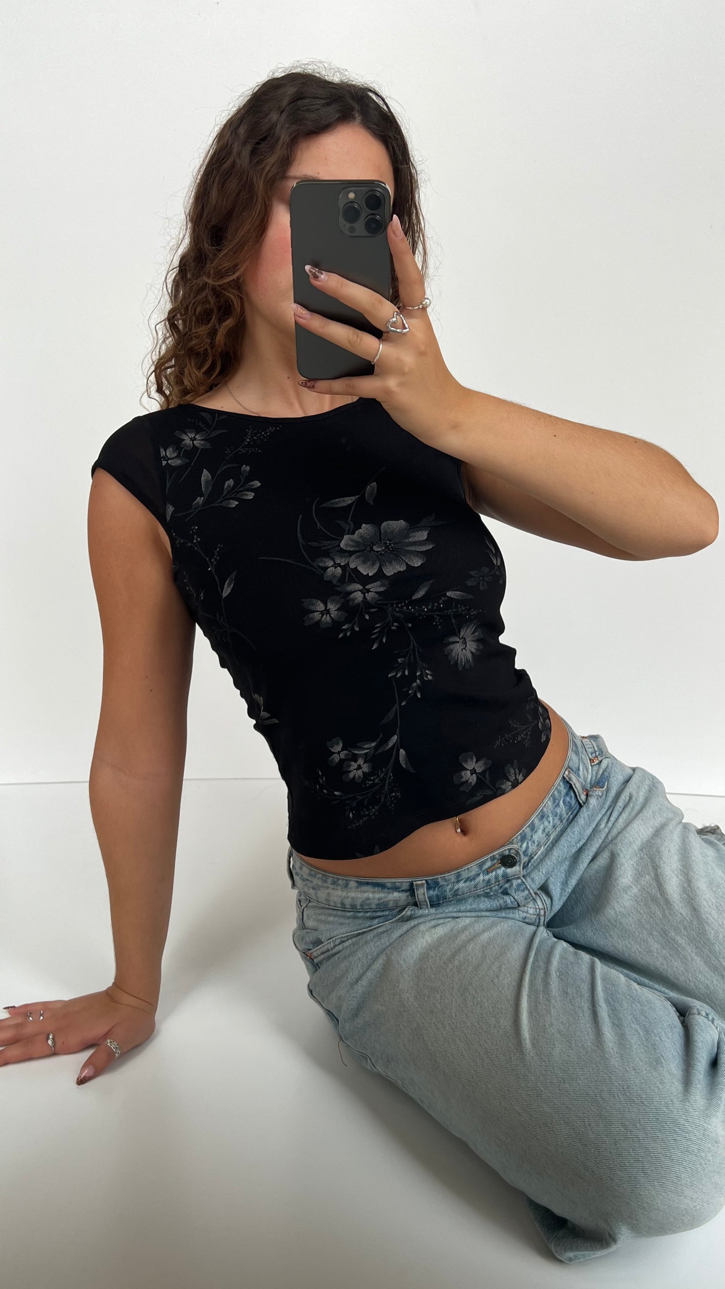 00s black floral baby tee- size S