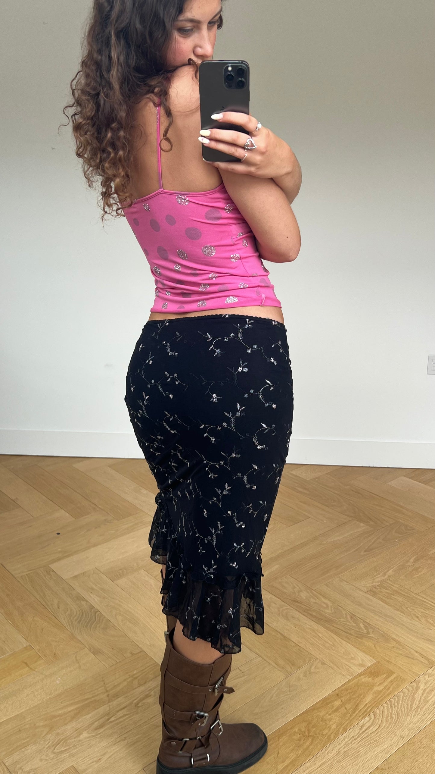 00s black floral mesh midi skirt- size S/M