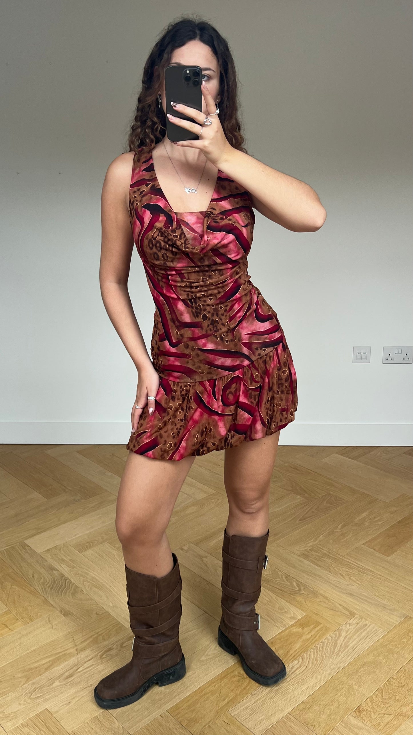 00s brown pink bubble mini dress- size S