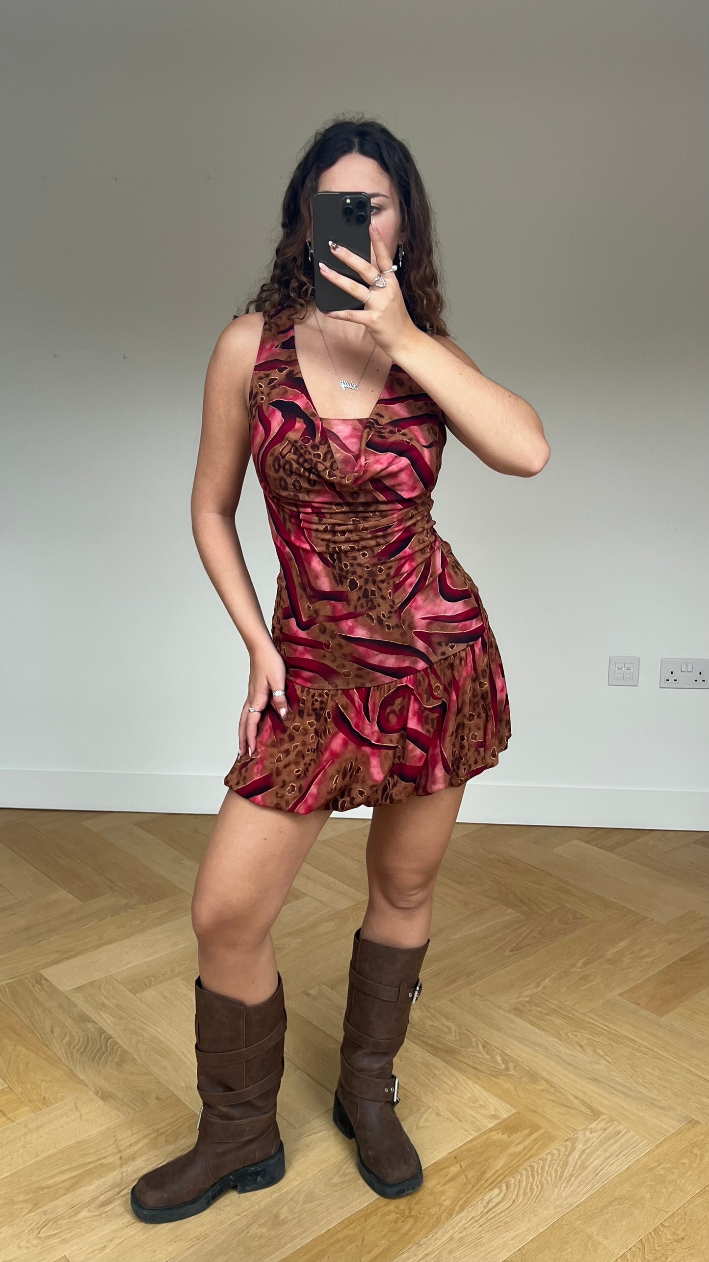 00s brown pink bubble mini dress- size S