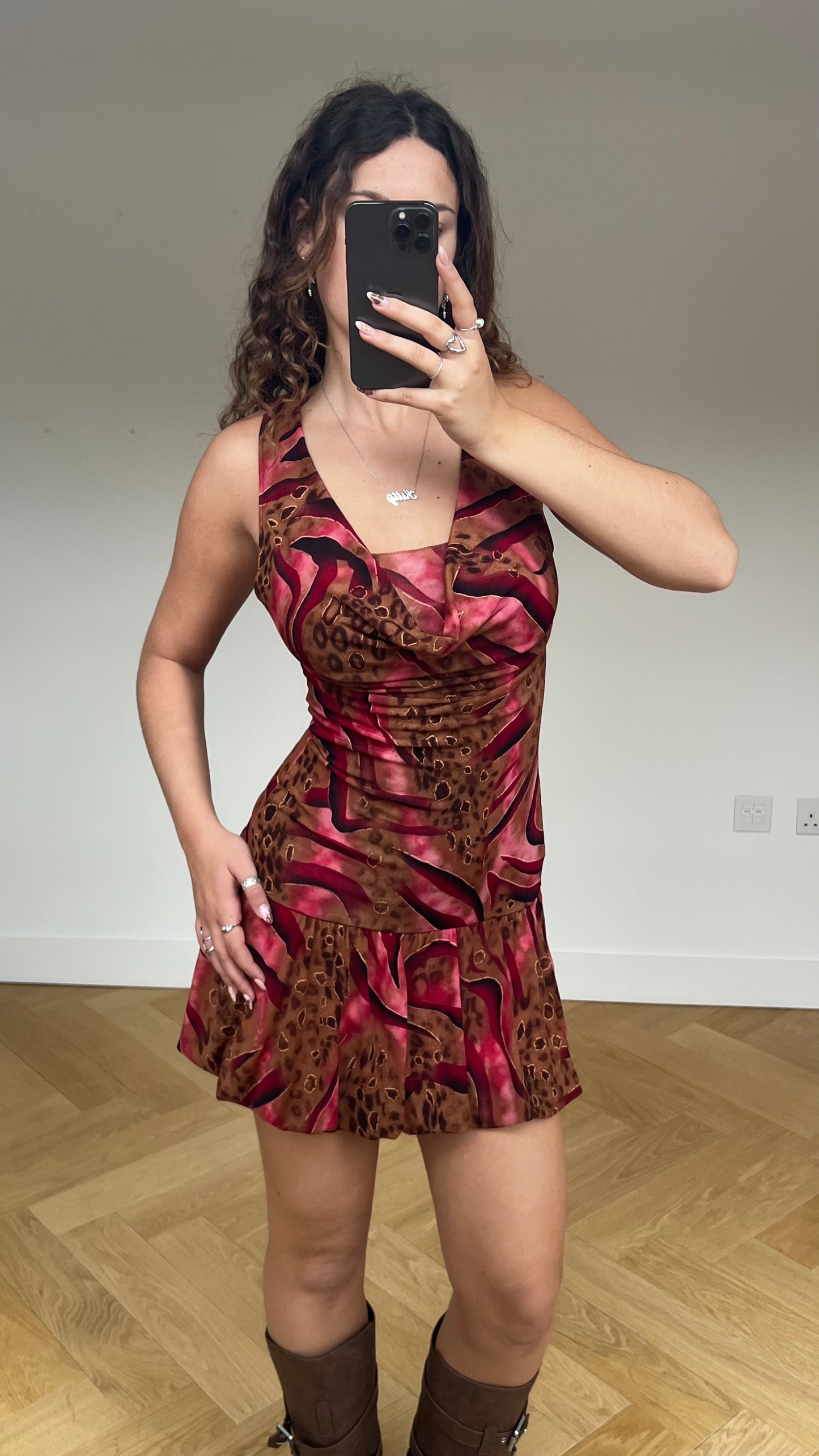 00s brown pink bubble mini dress- size S