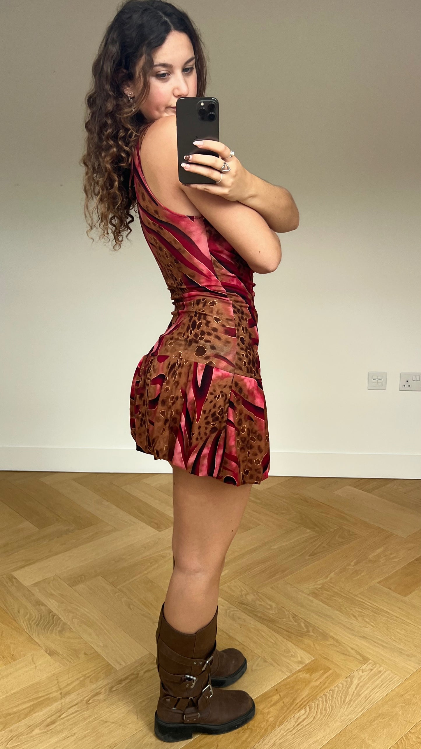 00s brown pink bubble mini dress- size S