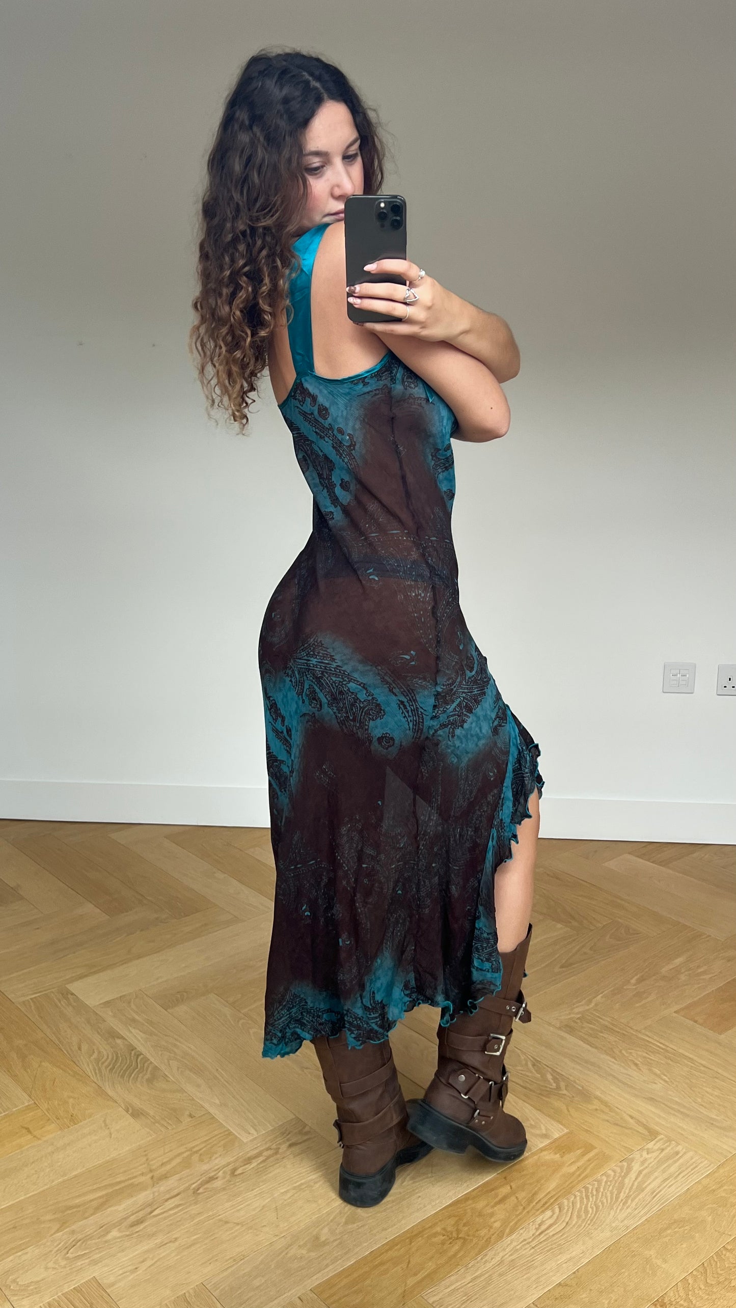 00s blue brown mesh maxi dress- size L