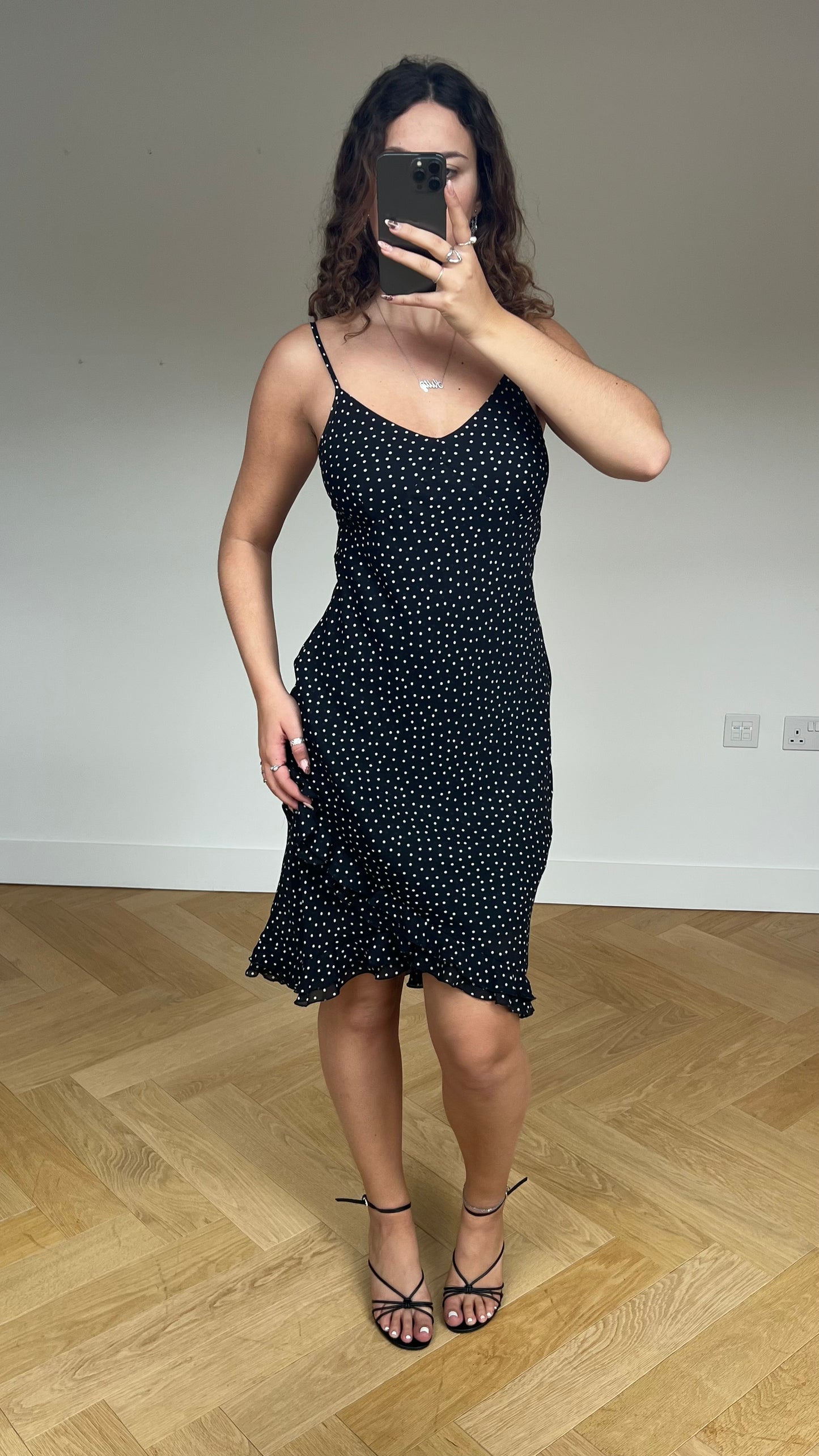 00s black polka dot midi dress- size M