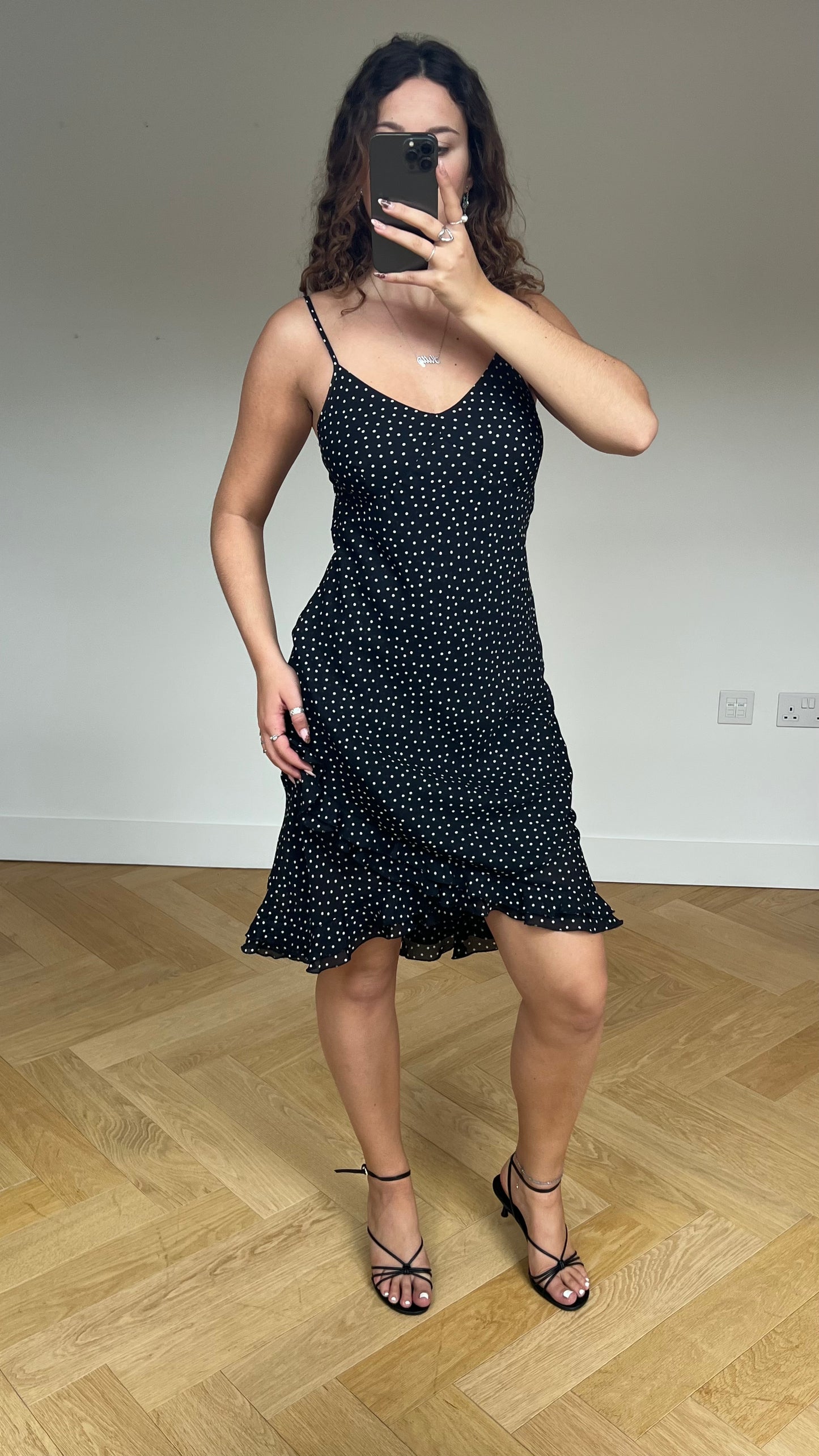 00s black polka dot midi dress- size M