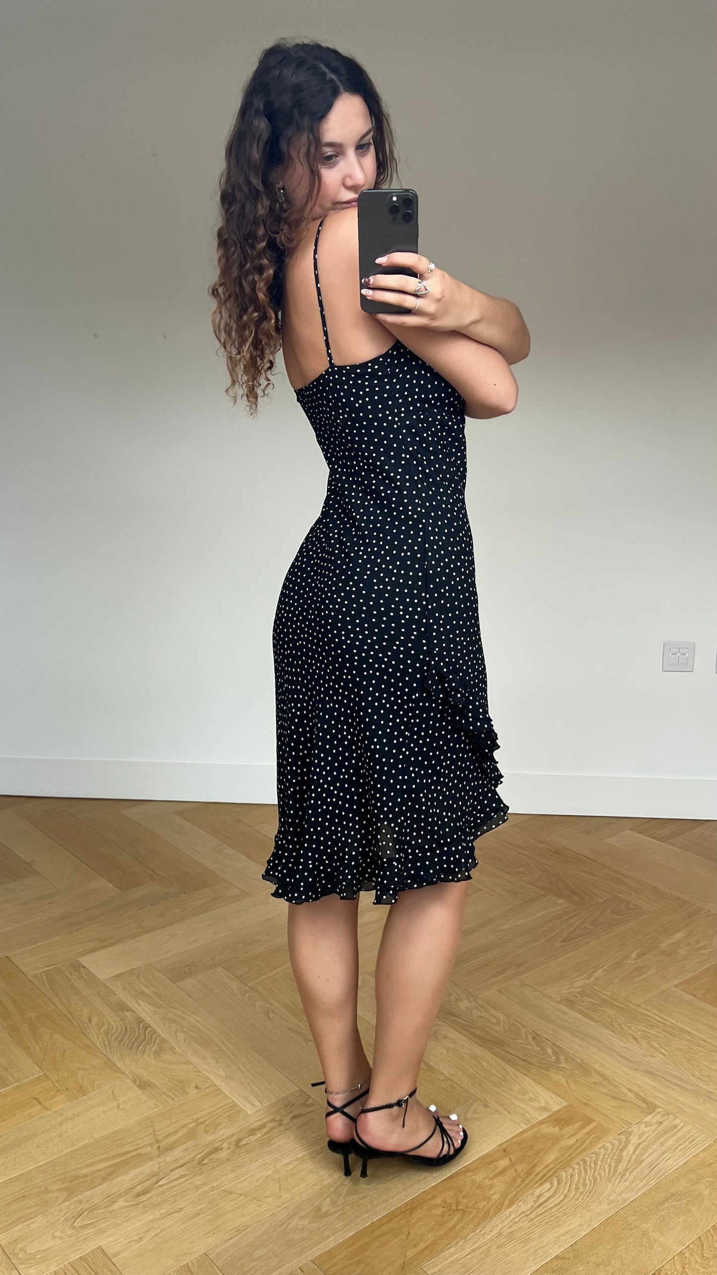 00s black polka dot midi dress- size M