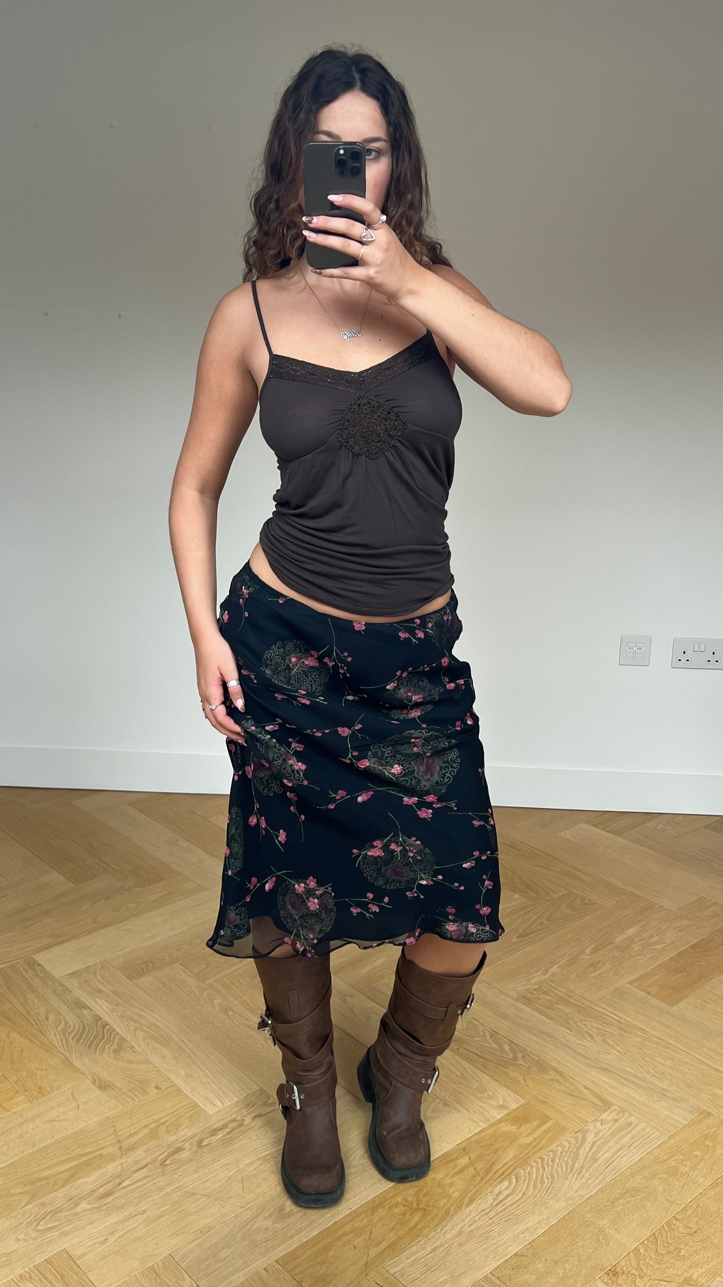 00s silk black floral midi skirt- size M