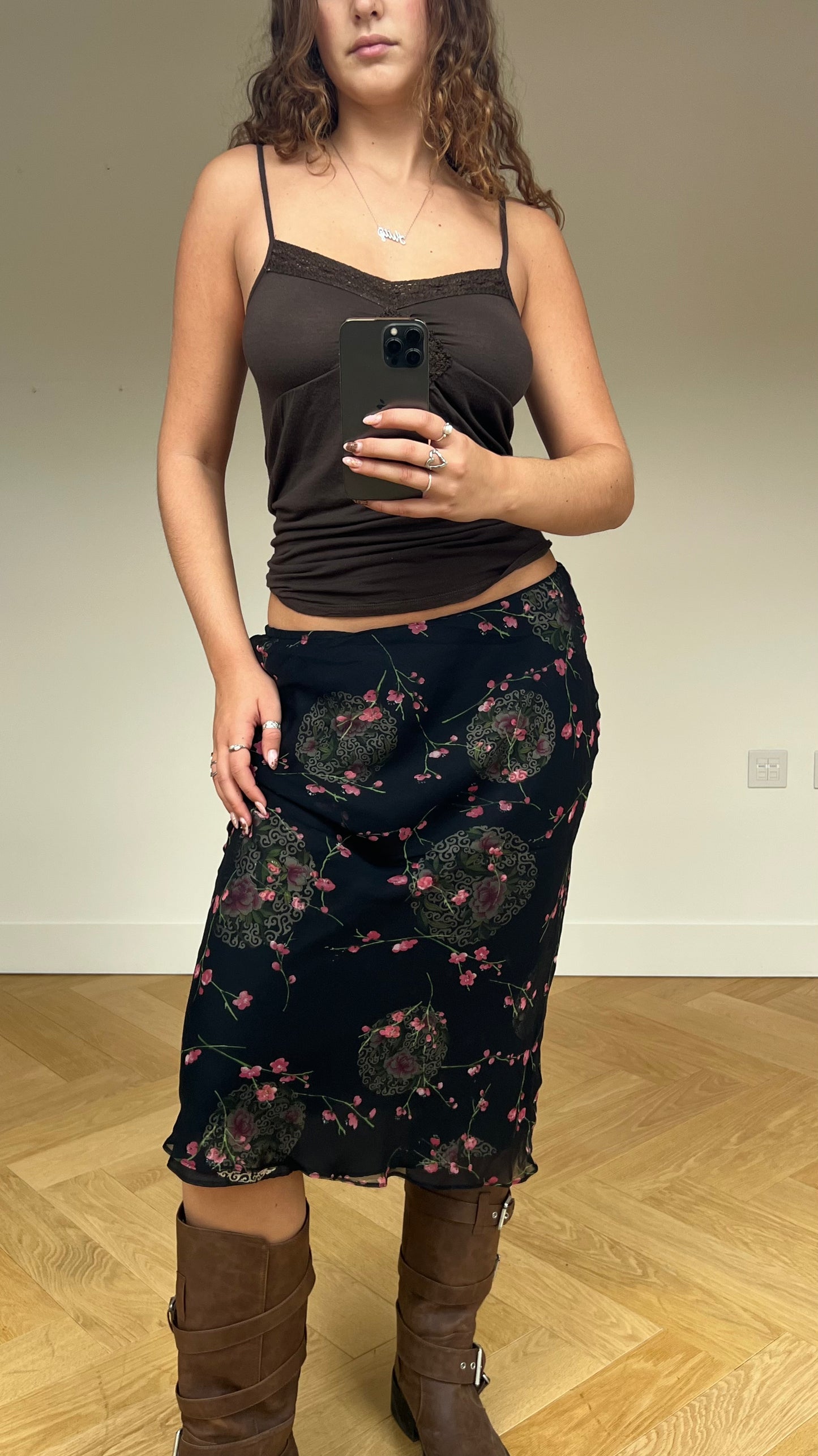 00s silk black floral midi skirt- size M