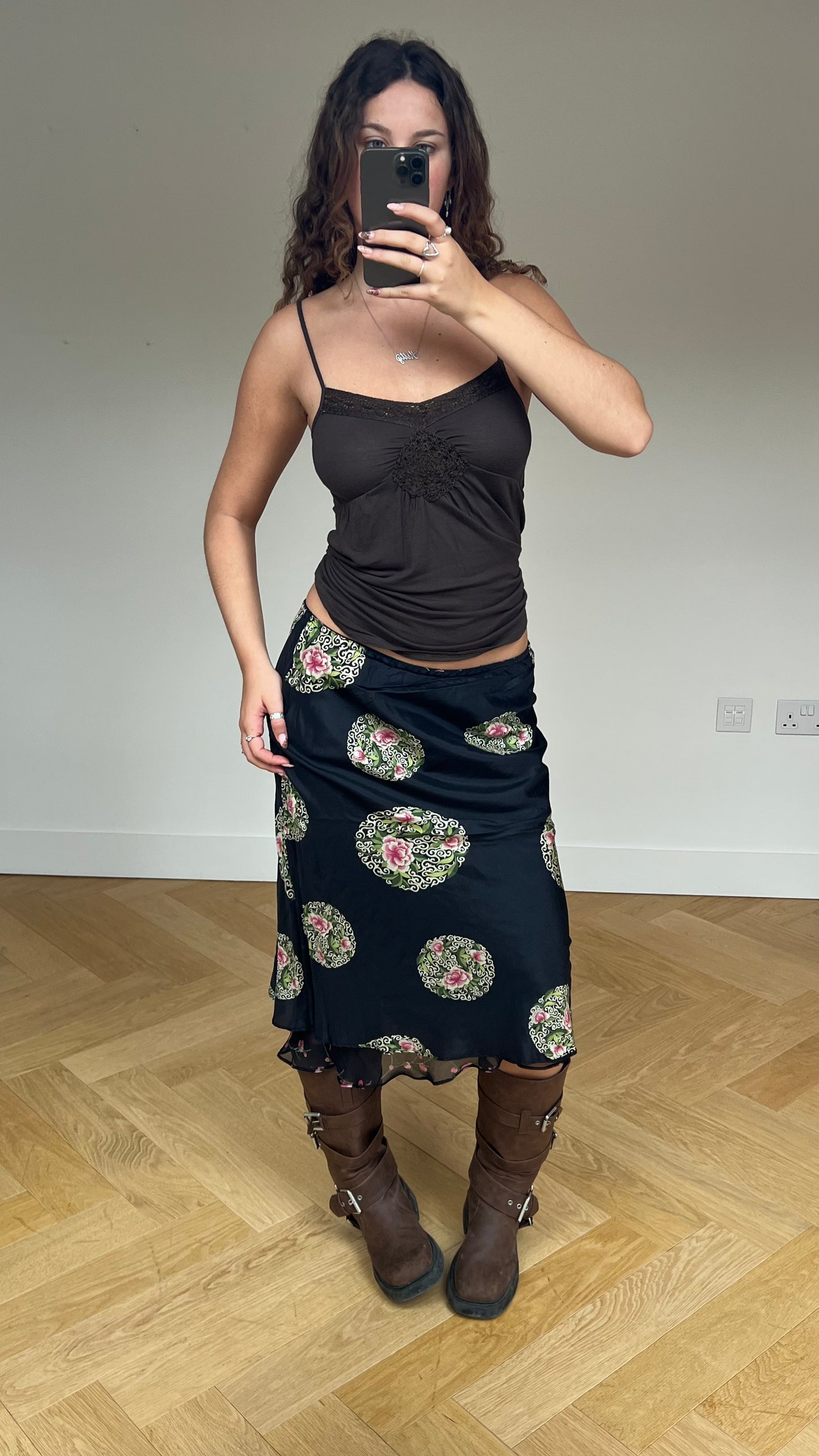 00s silk black floral midi skirt- size M