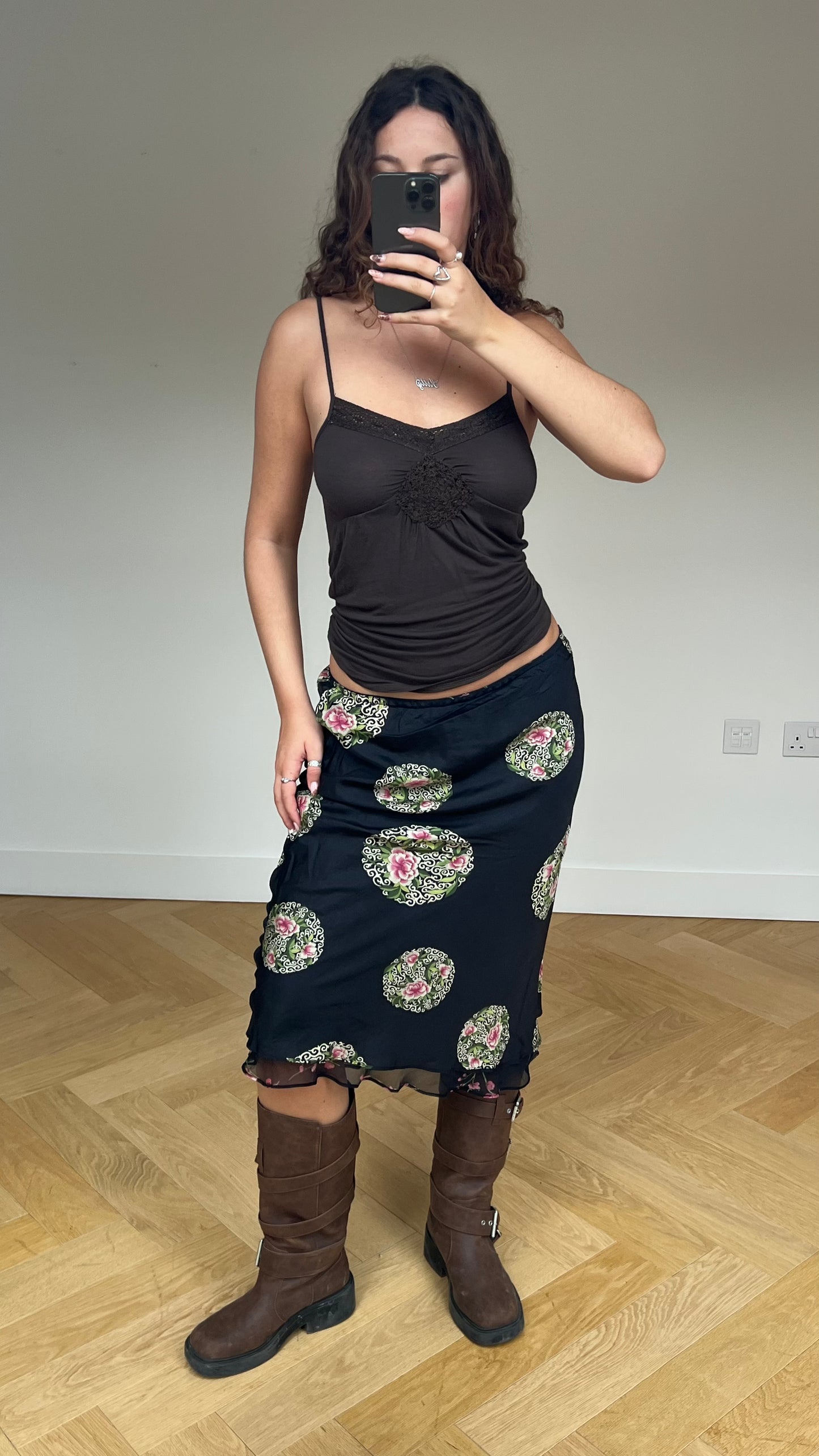 00s silk black floral midi skirt- size M