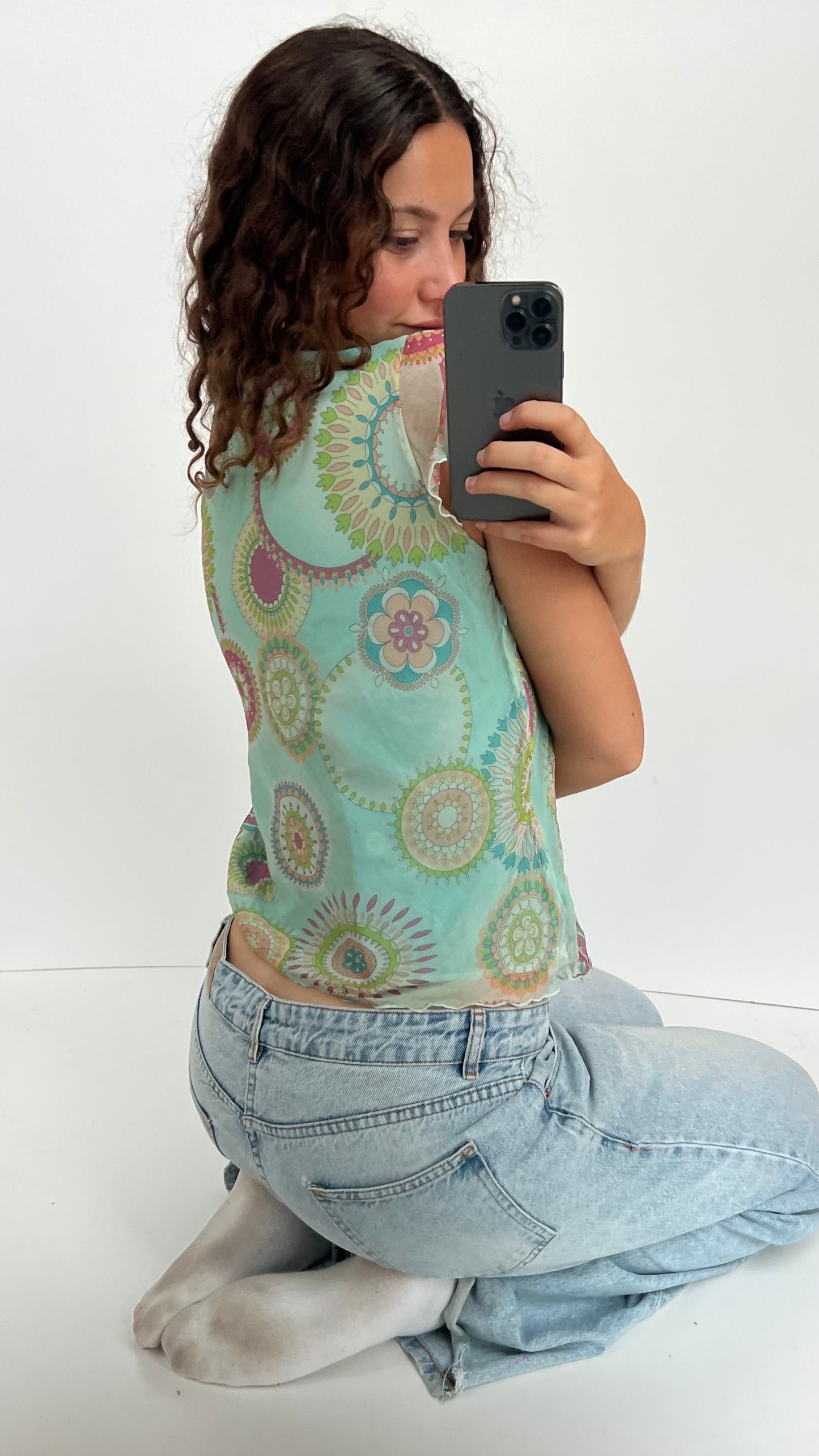 00s blue mesh babydoll top- size M