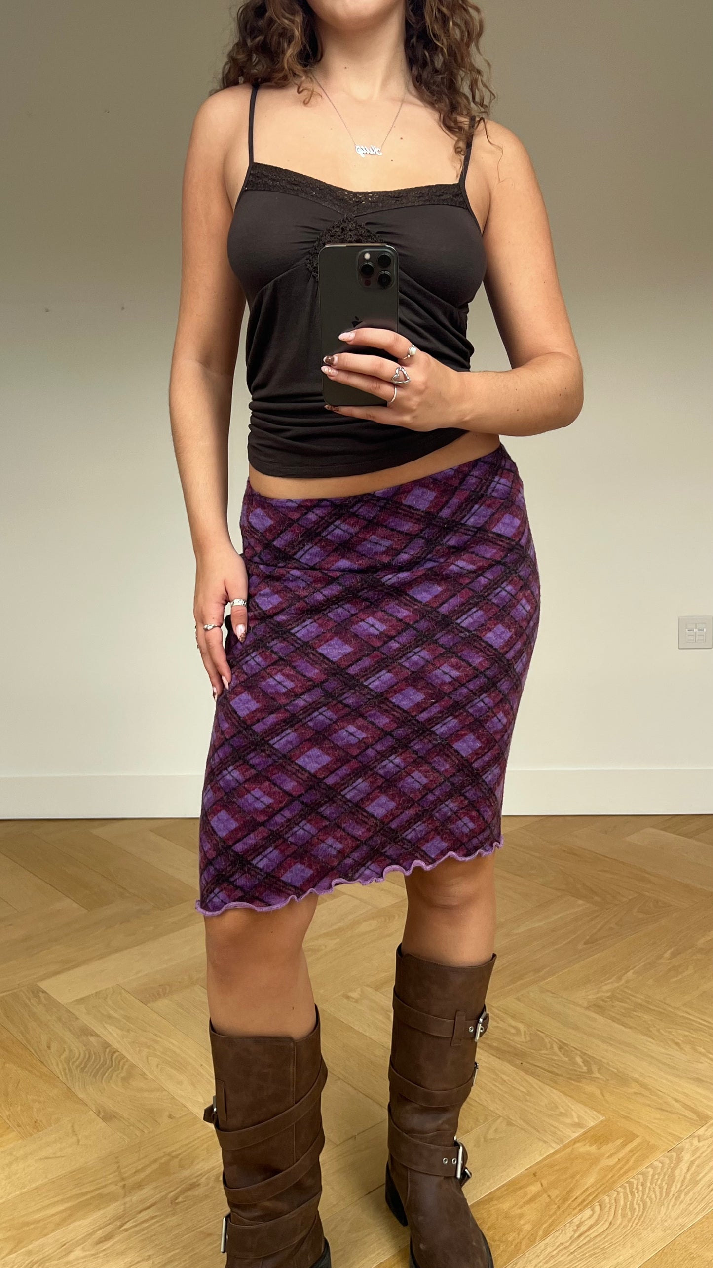 00s purple plaid midi skirt- size S