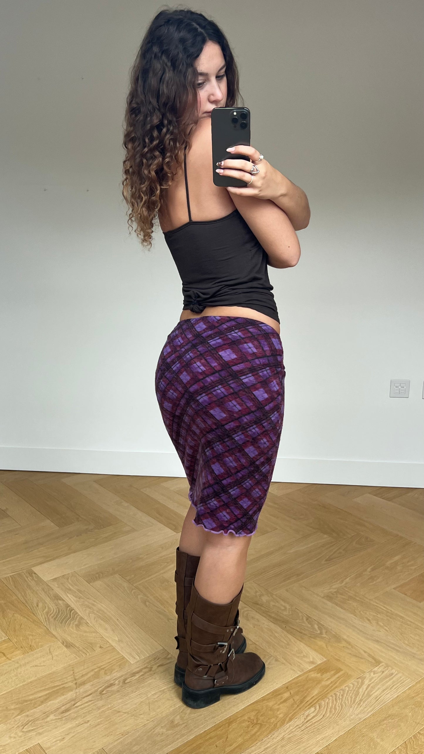 00s purple plaid midi skirt- size S
