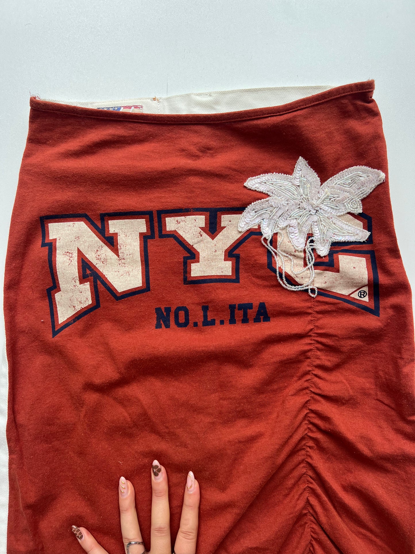 00s orange white denim midi skirt- size S