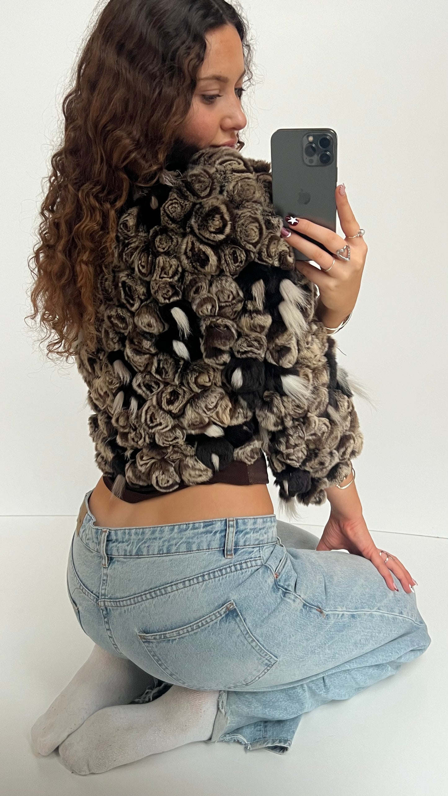 00s brown textured cropped fur jacket- size M