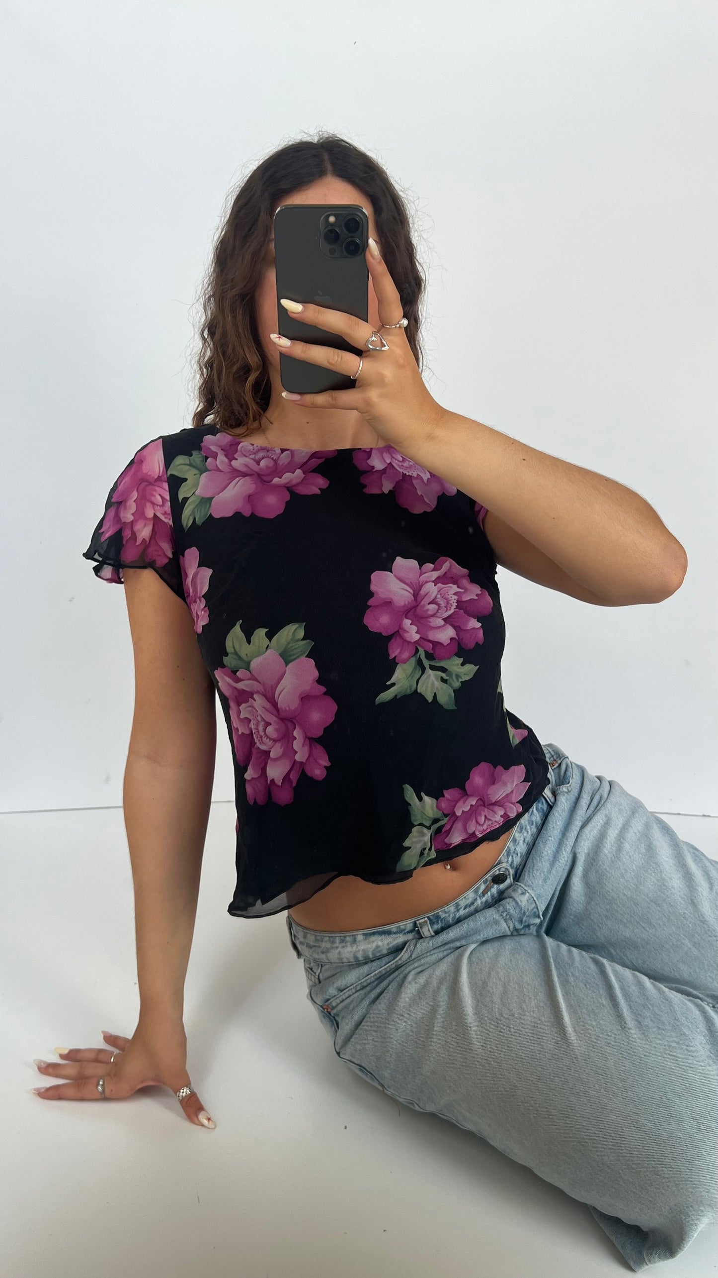 00s black floral mesh top- size M/L