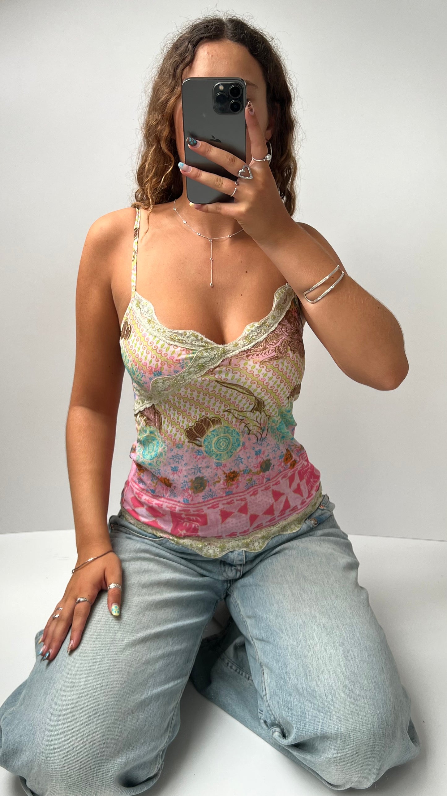 00s pink green mesh cami- size M