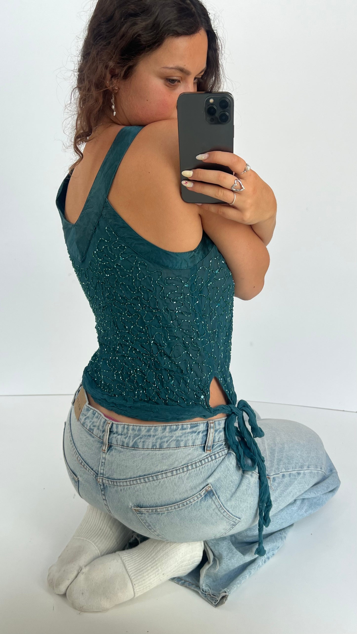 00s teal beaded mesh tank top- size M