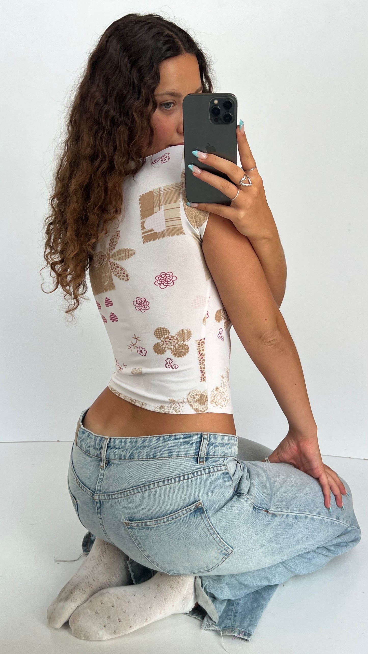 00s white patchwork top- size S