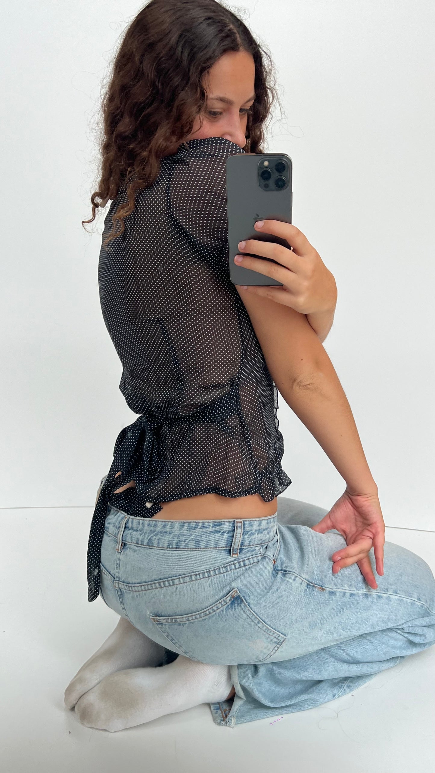 00s black polka dot blouse- size S