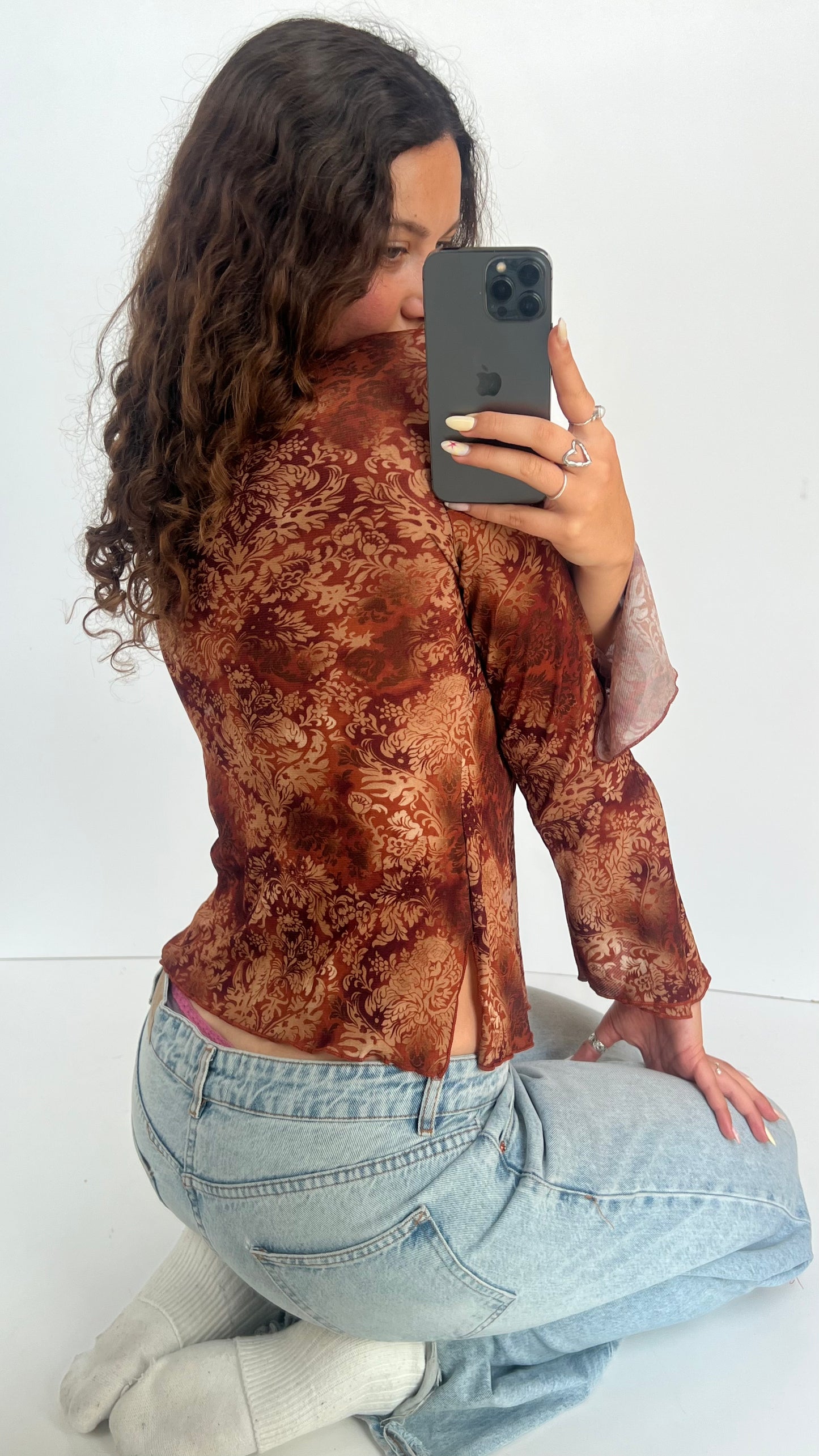 00s brown paisley mesh top- size M