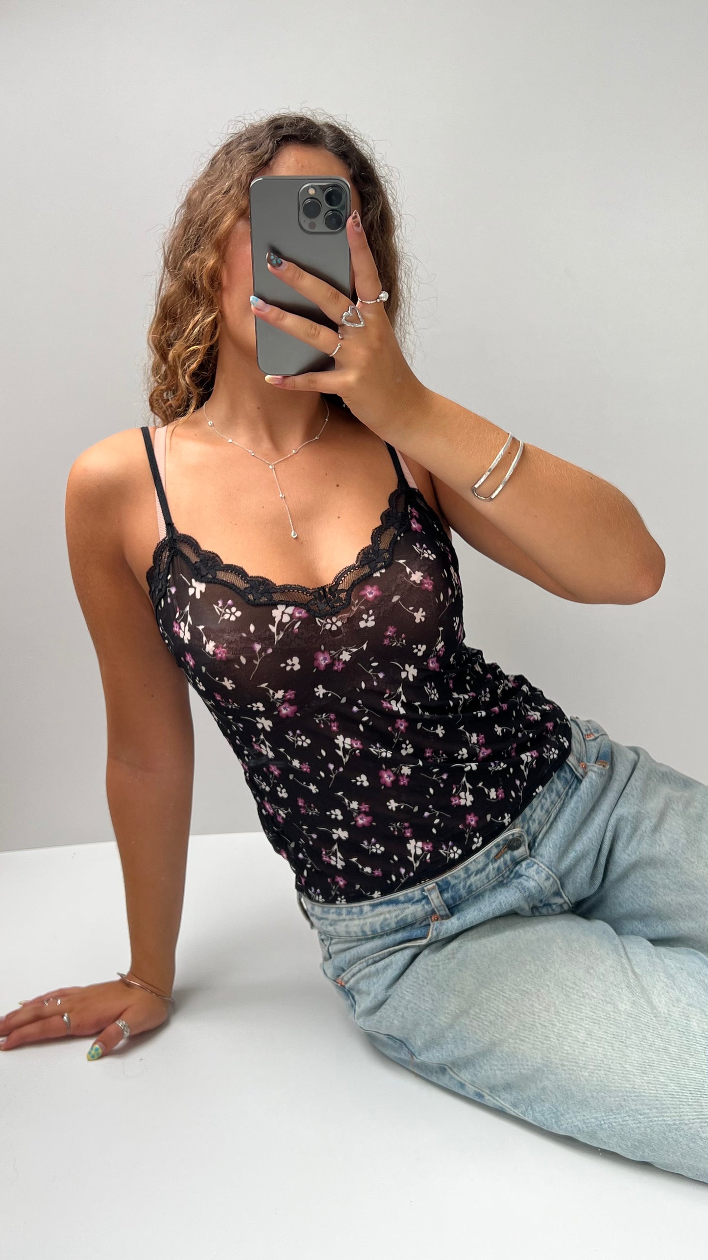 00s black mesh floral cami- size M