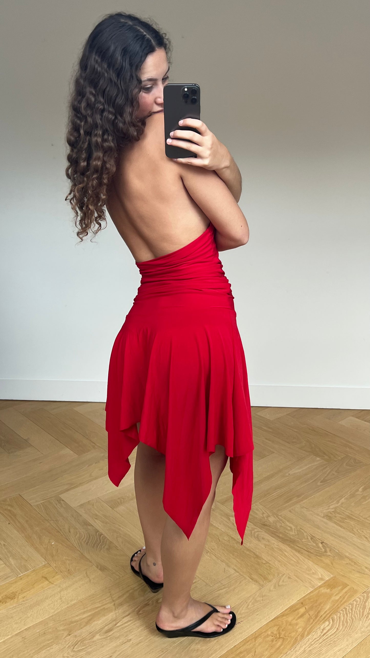 00s red asymmetric midi dress- size M/L