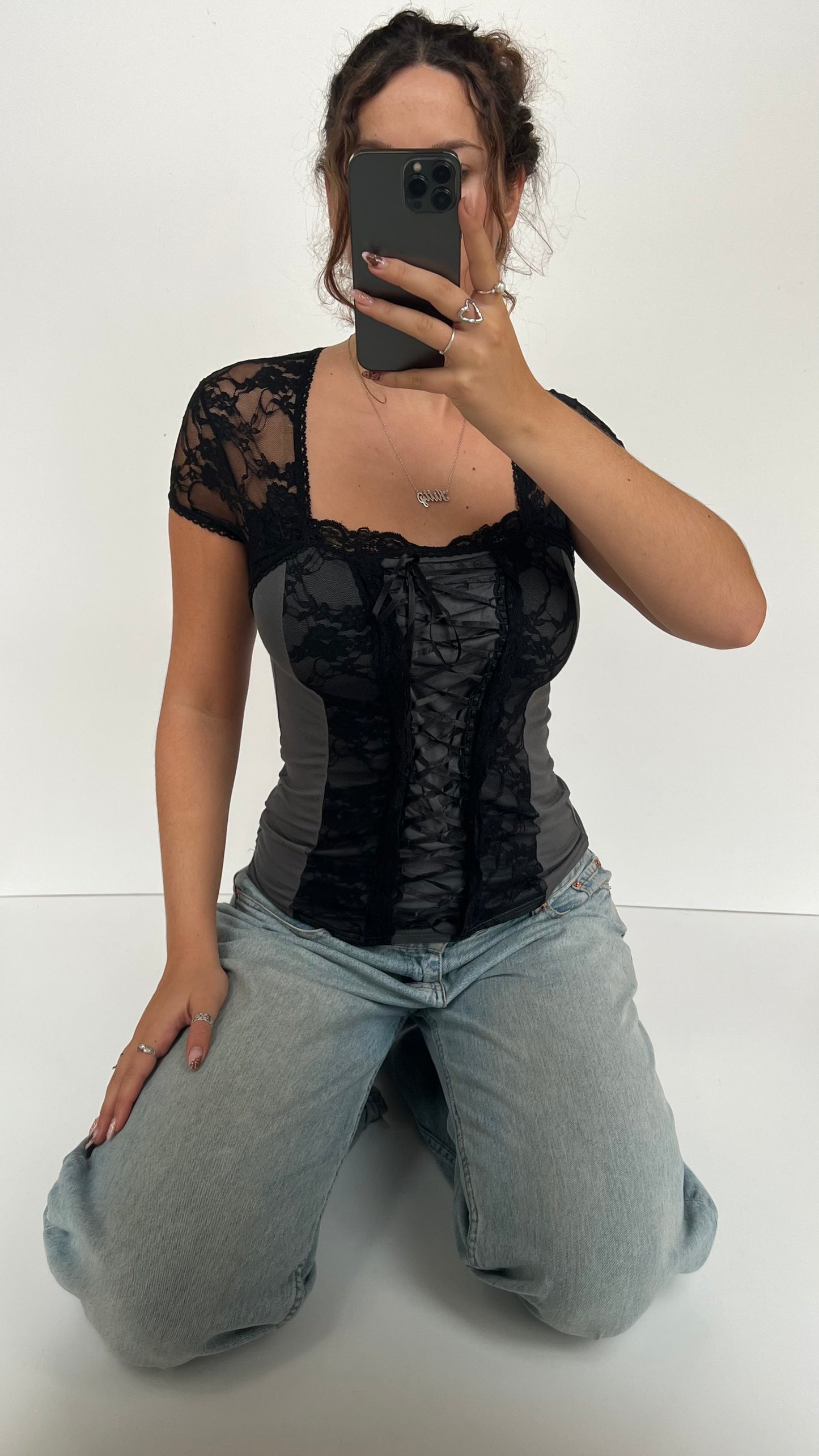 00s grey lace milkmaid top- size M