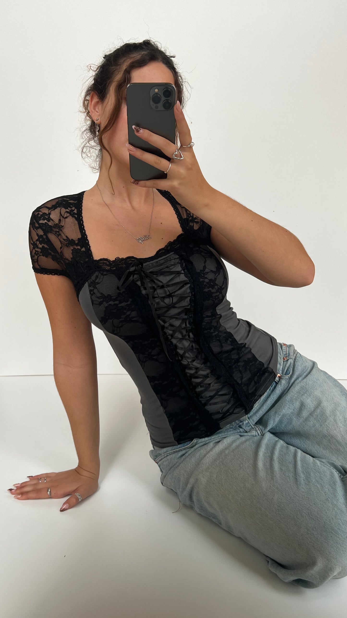 00s grey lace milkmaid top- size M