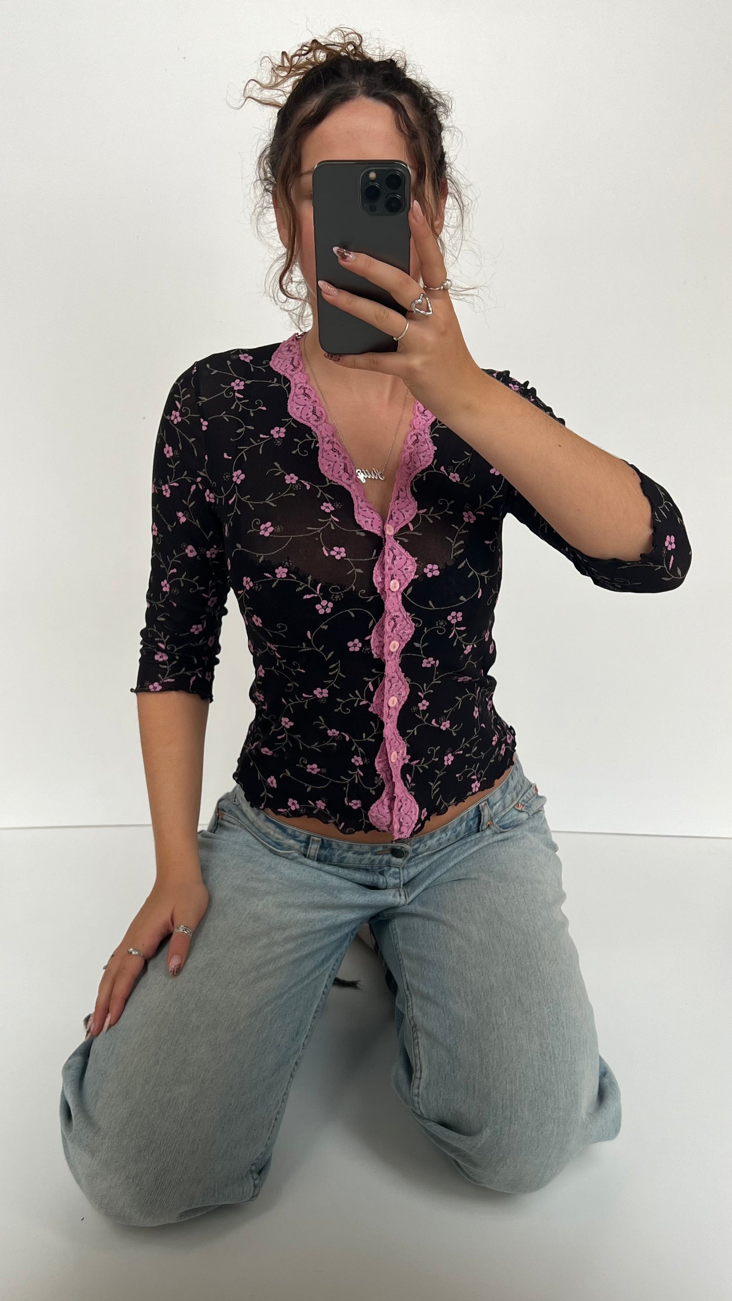 00s black floral long sleeve top- size S