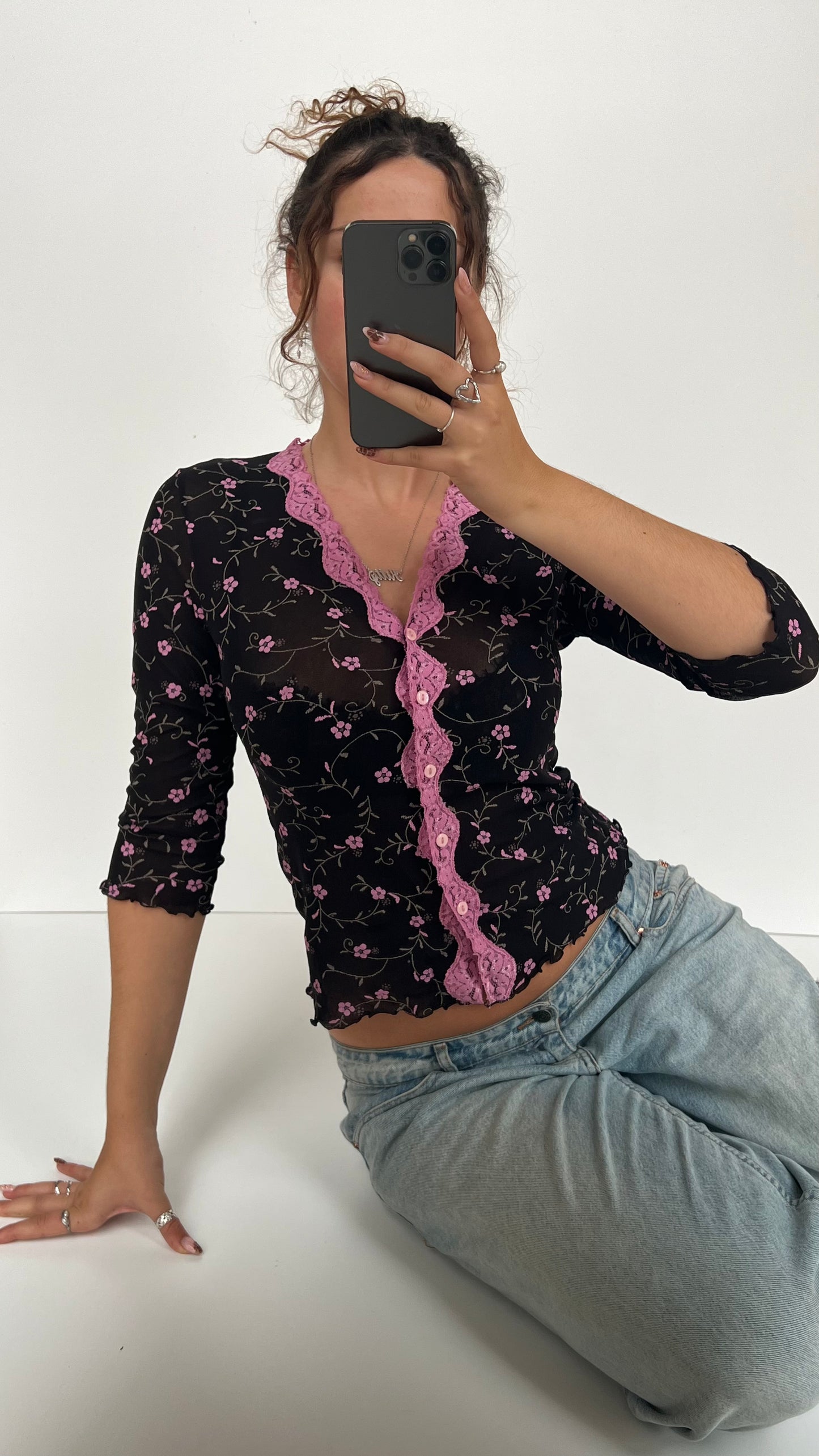 00s black floral long sleeve top- size S