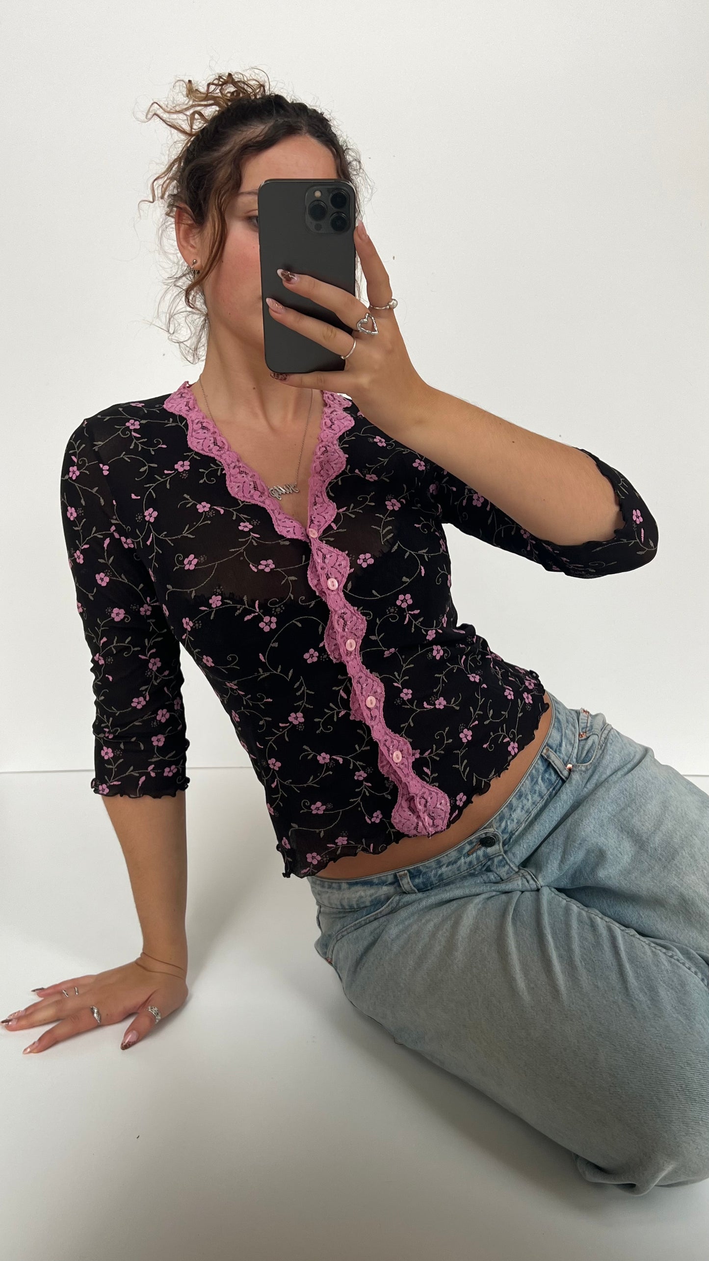 00s black floral long sleeve top- size S