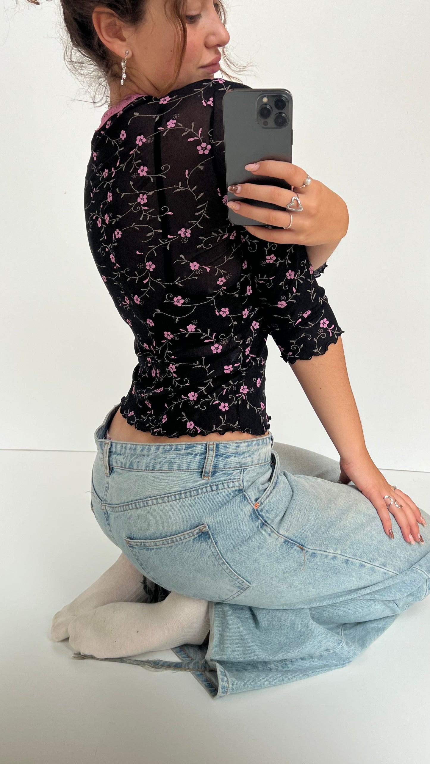 00s black floral long sleeve top- size S