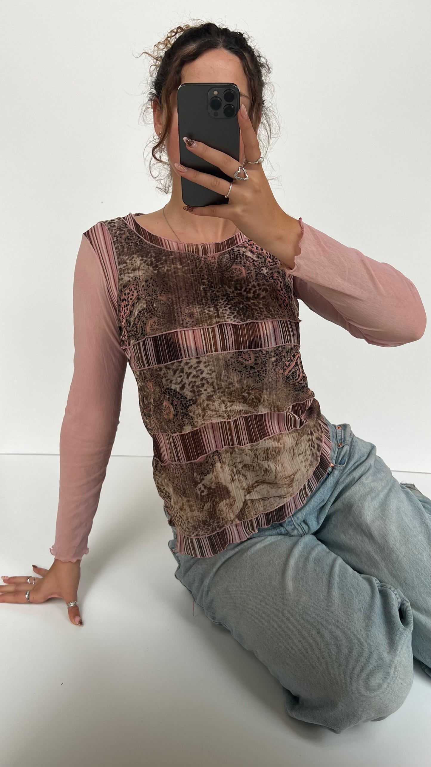 00s pink brown mesh long sleeve top- size XL