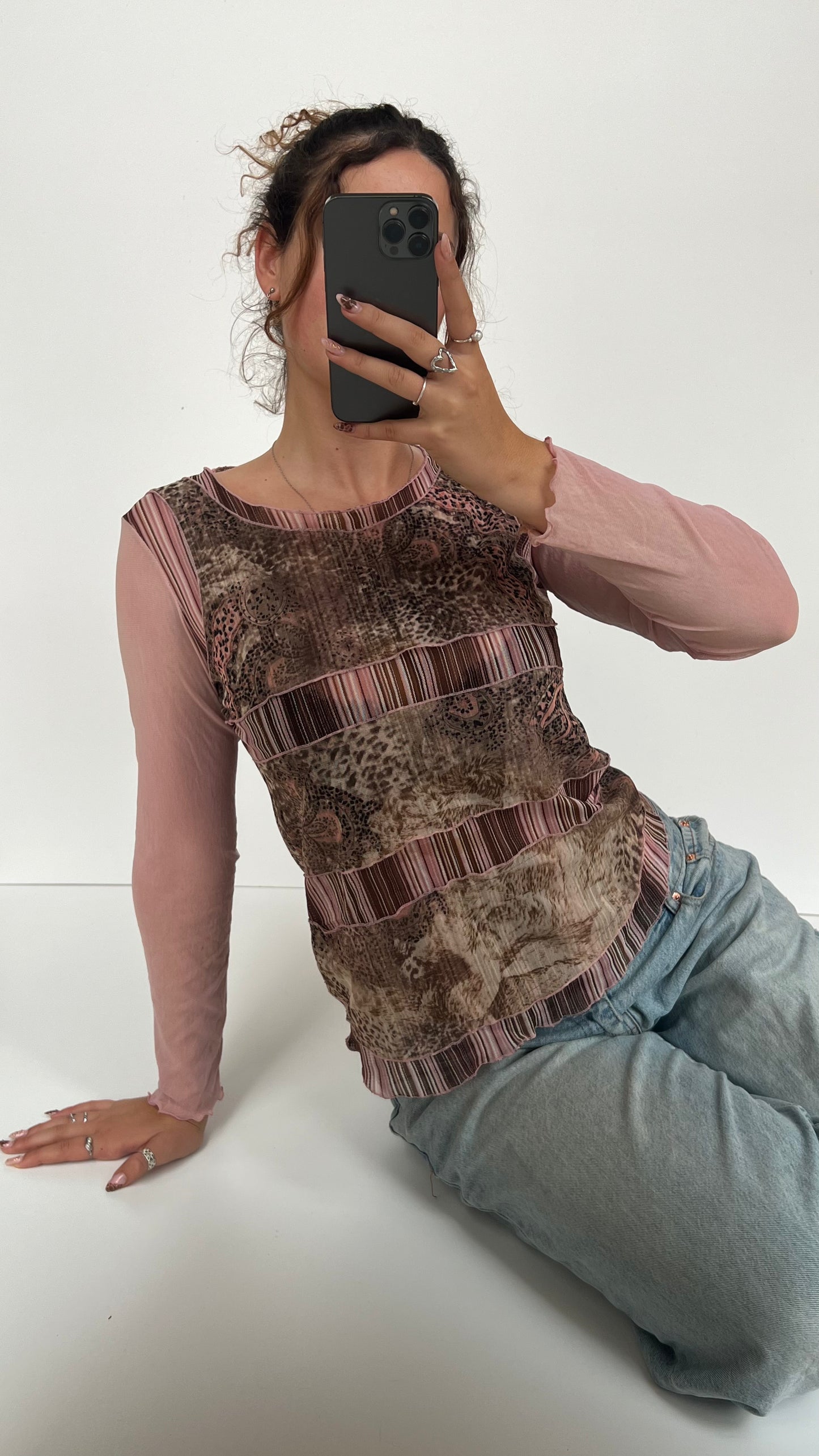 00s pink brown mesh long sleeve top- size XL