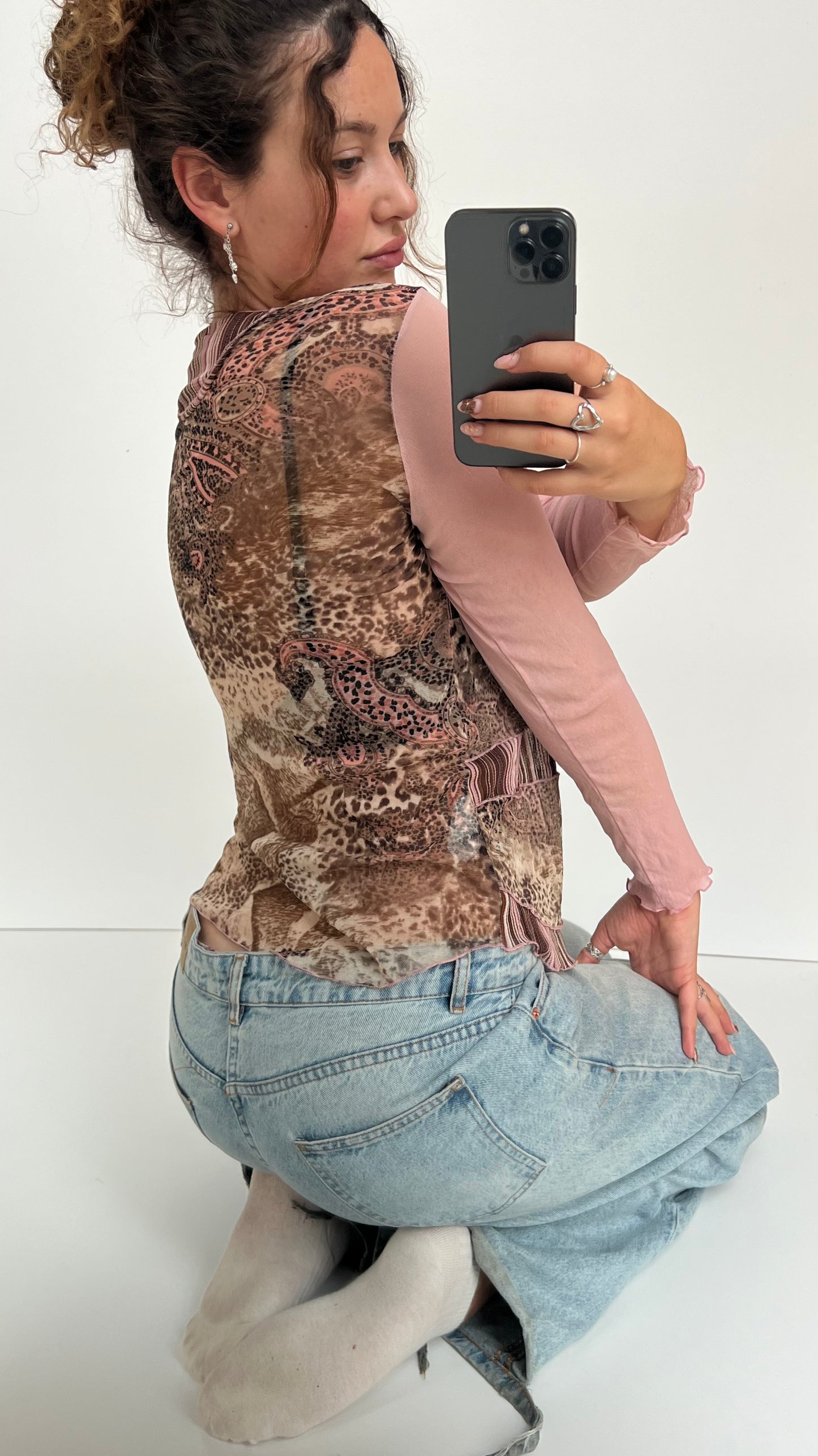 00s pink brown mesh long sleeve top- size XL