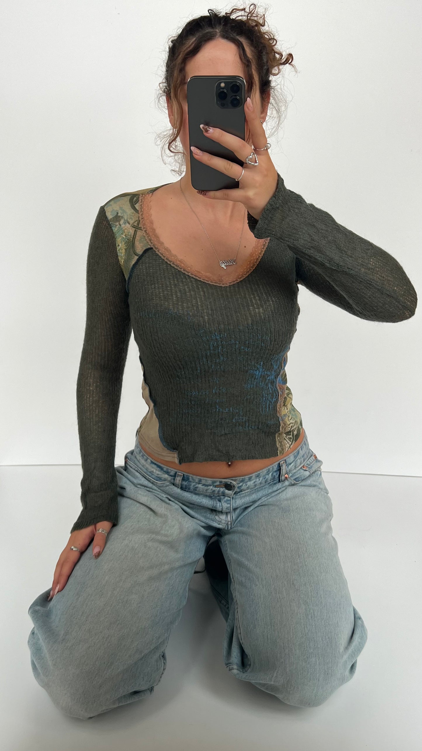 00s green knit mesh top- size S