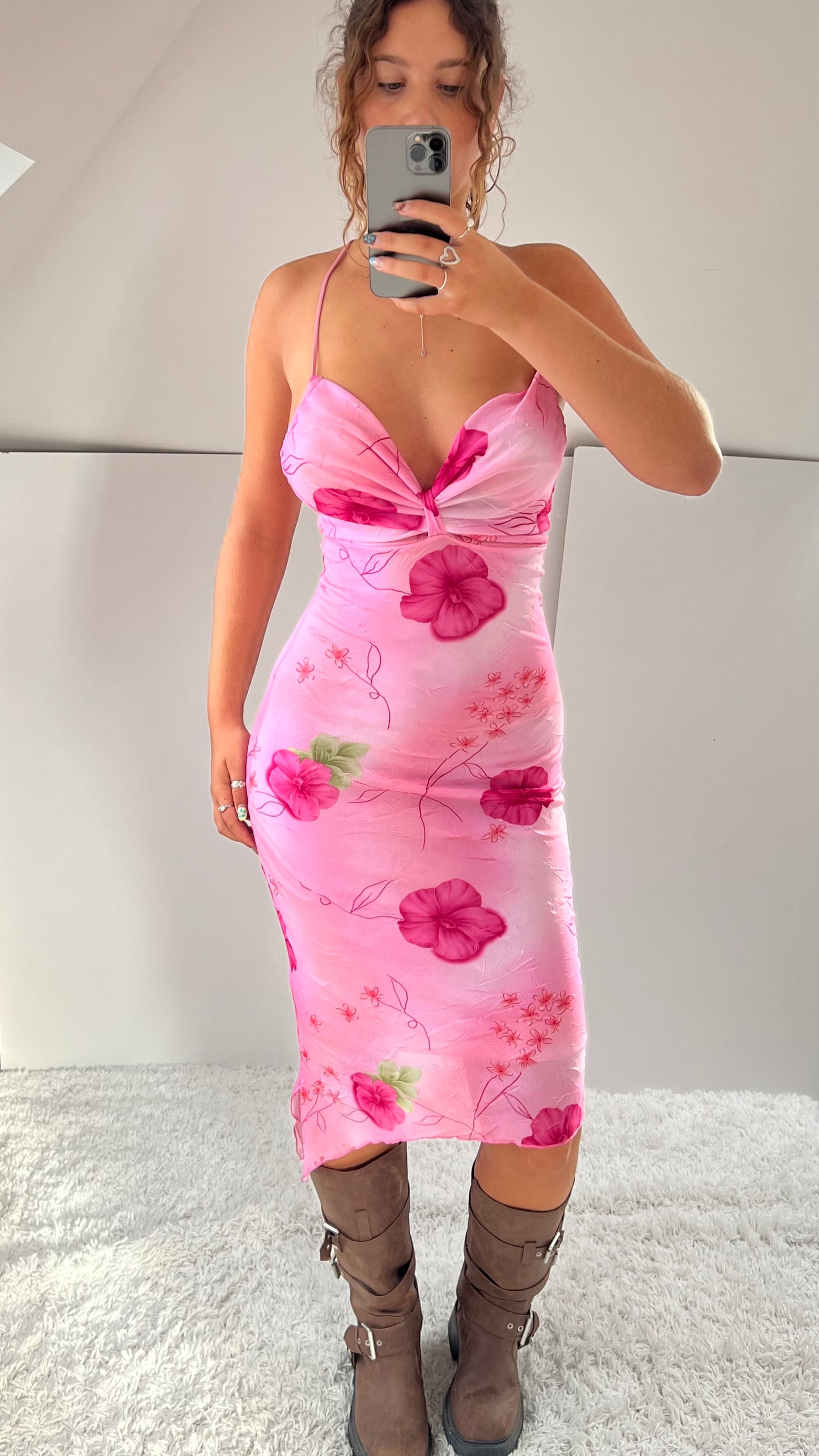 00s pink mesh floral midi dress- size S