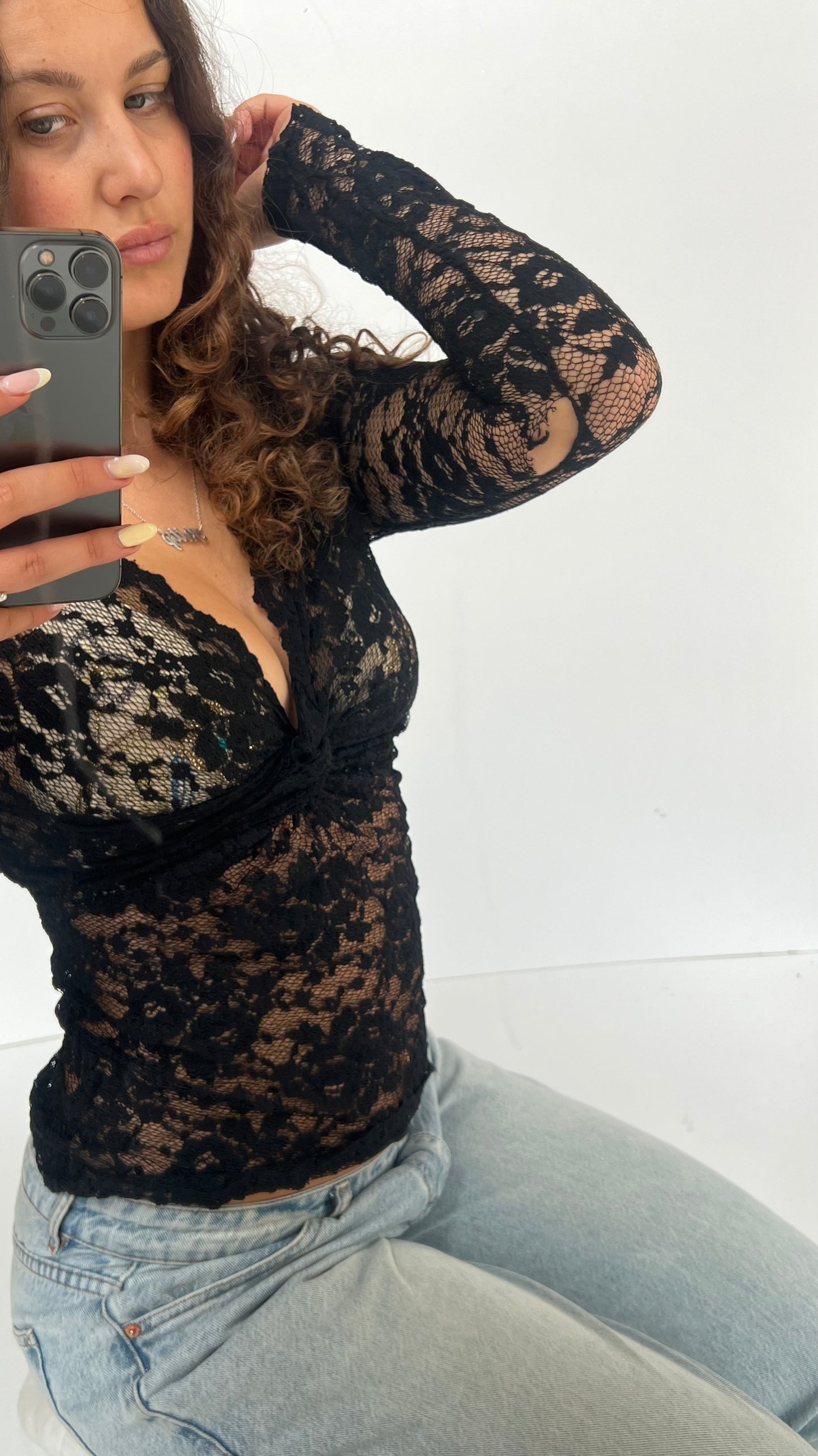 00s black lace long sleeve top- size S