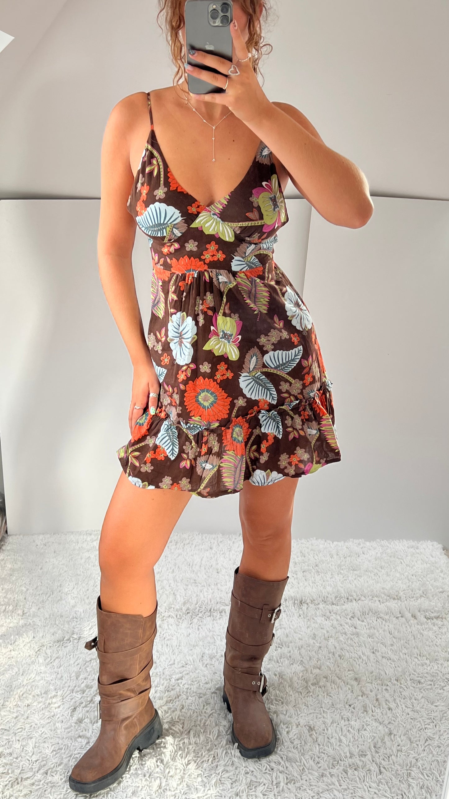 00s brown ruffle mini dress- size M