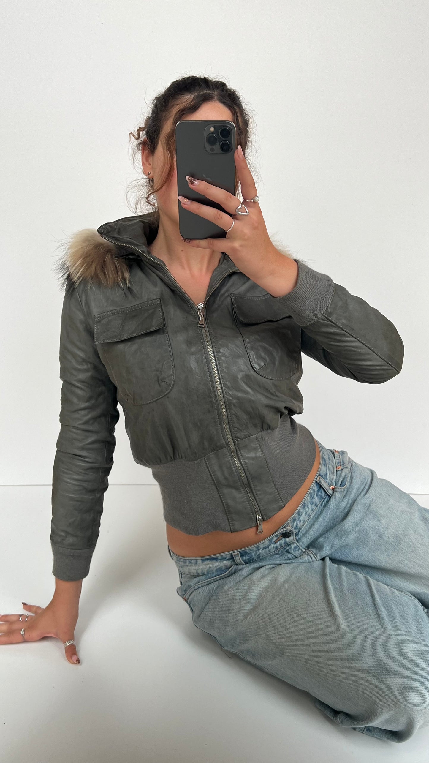 00s grey leather fur jacket- size S