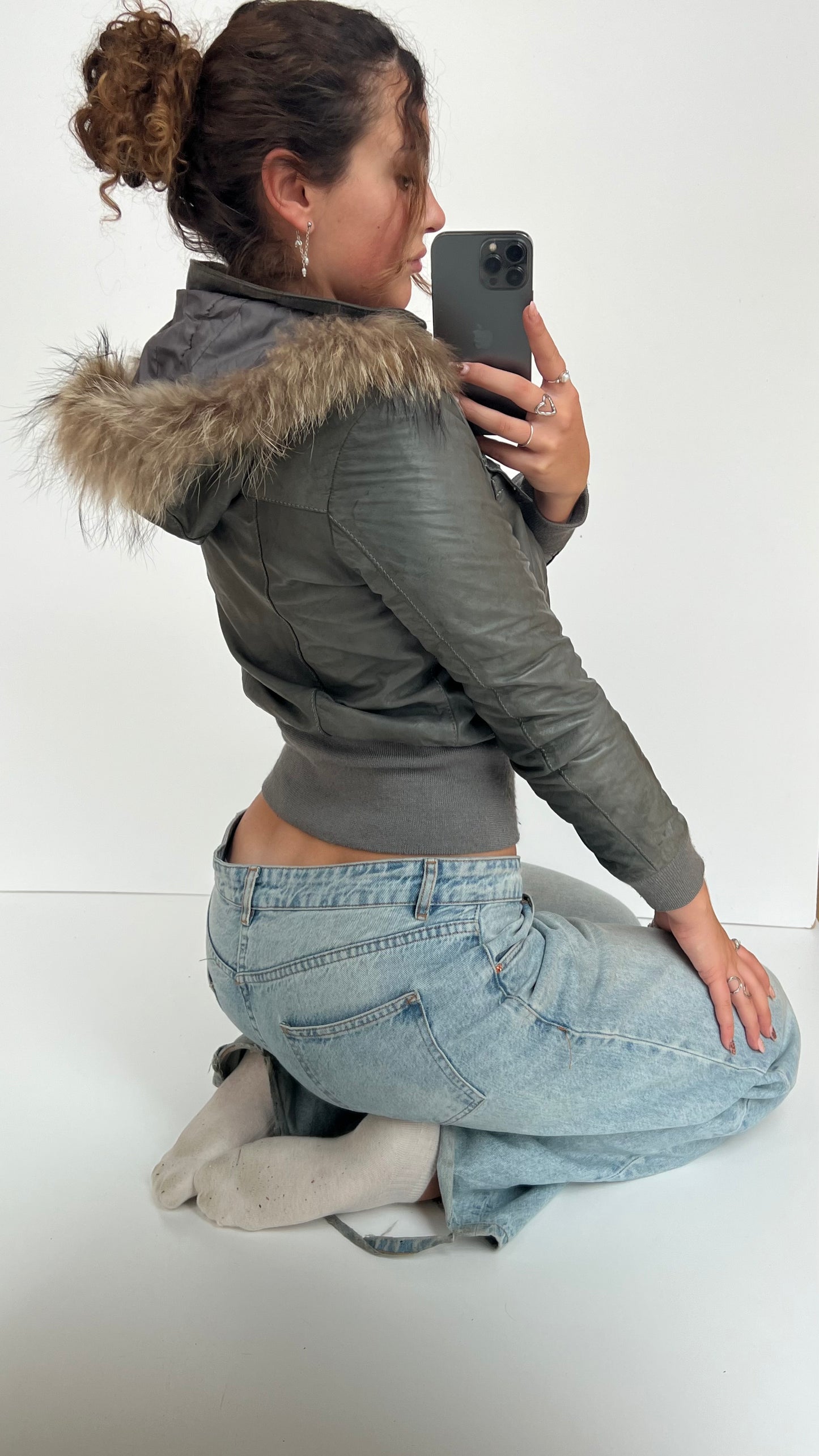 00s grey leather fur jacket- size S