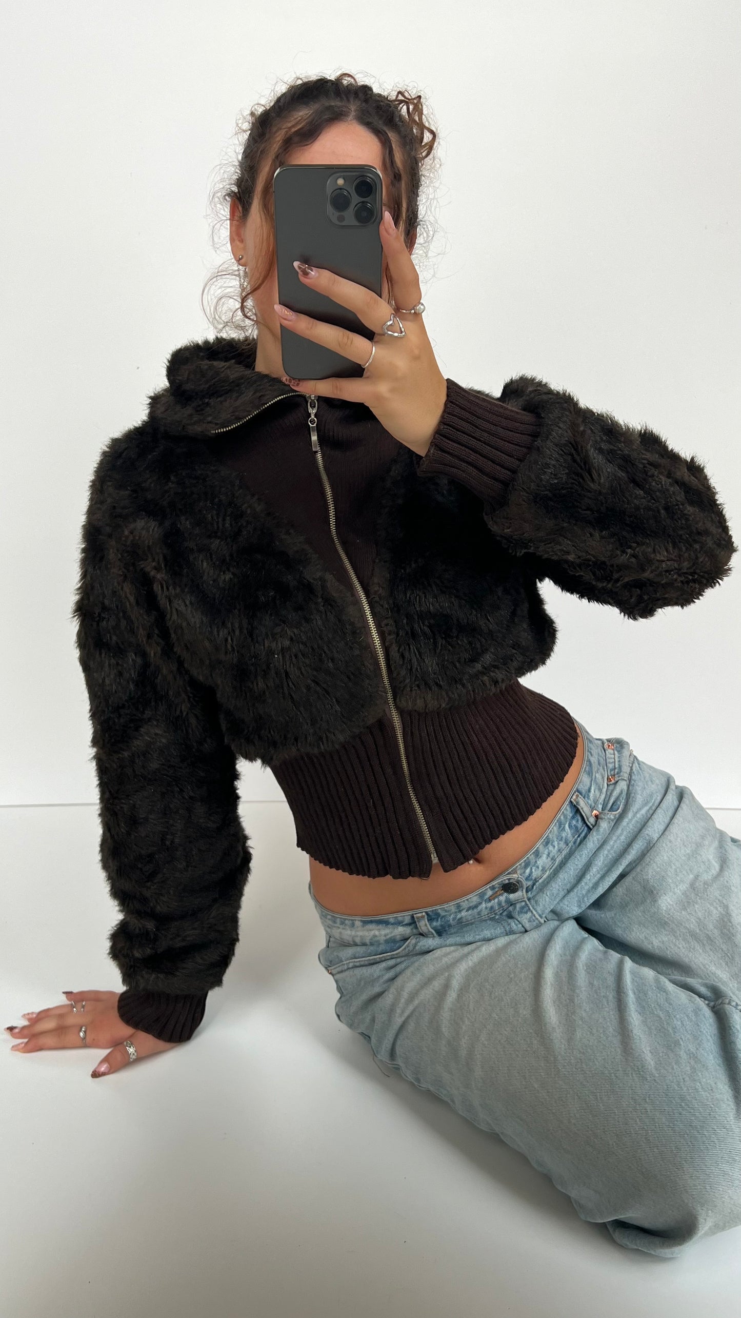 00s brown faux fur jacket- size M/L