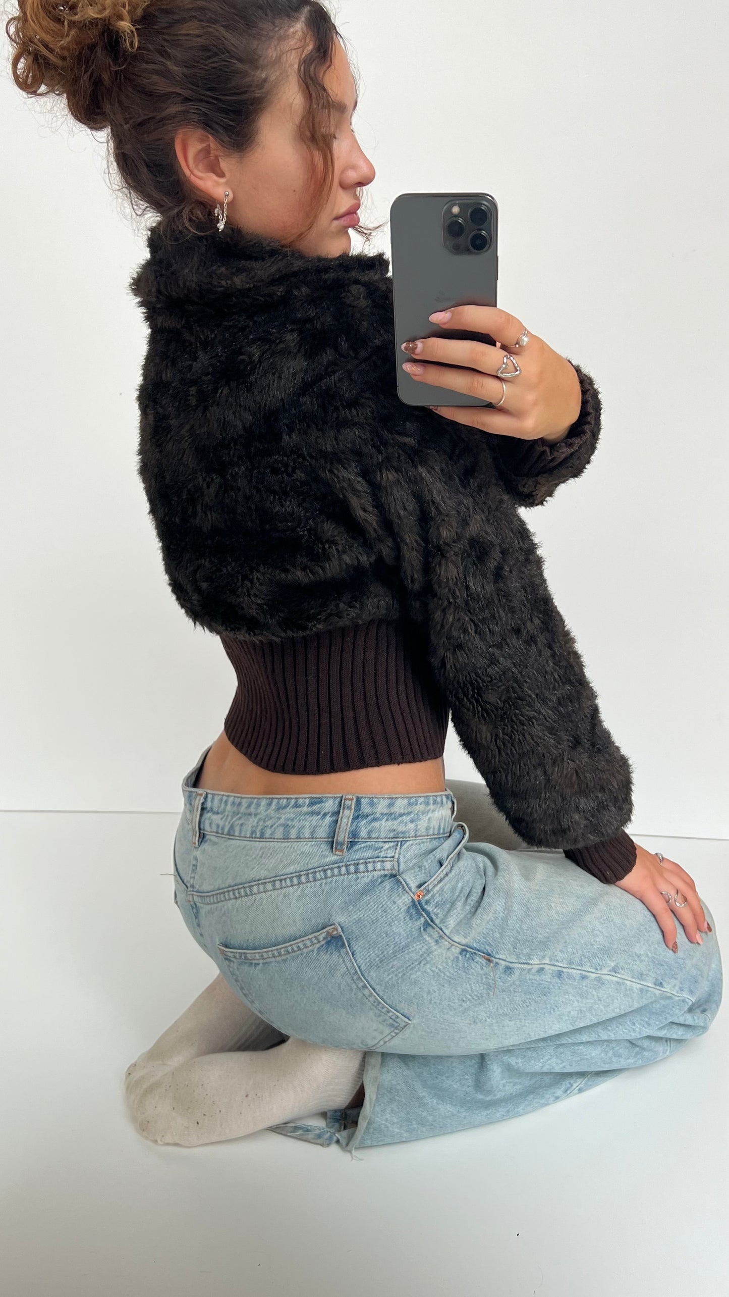 00s brown faux fur jacket- size M/L