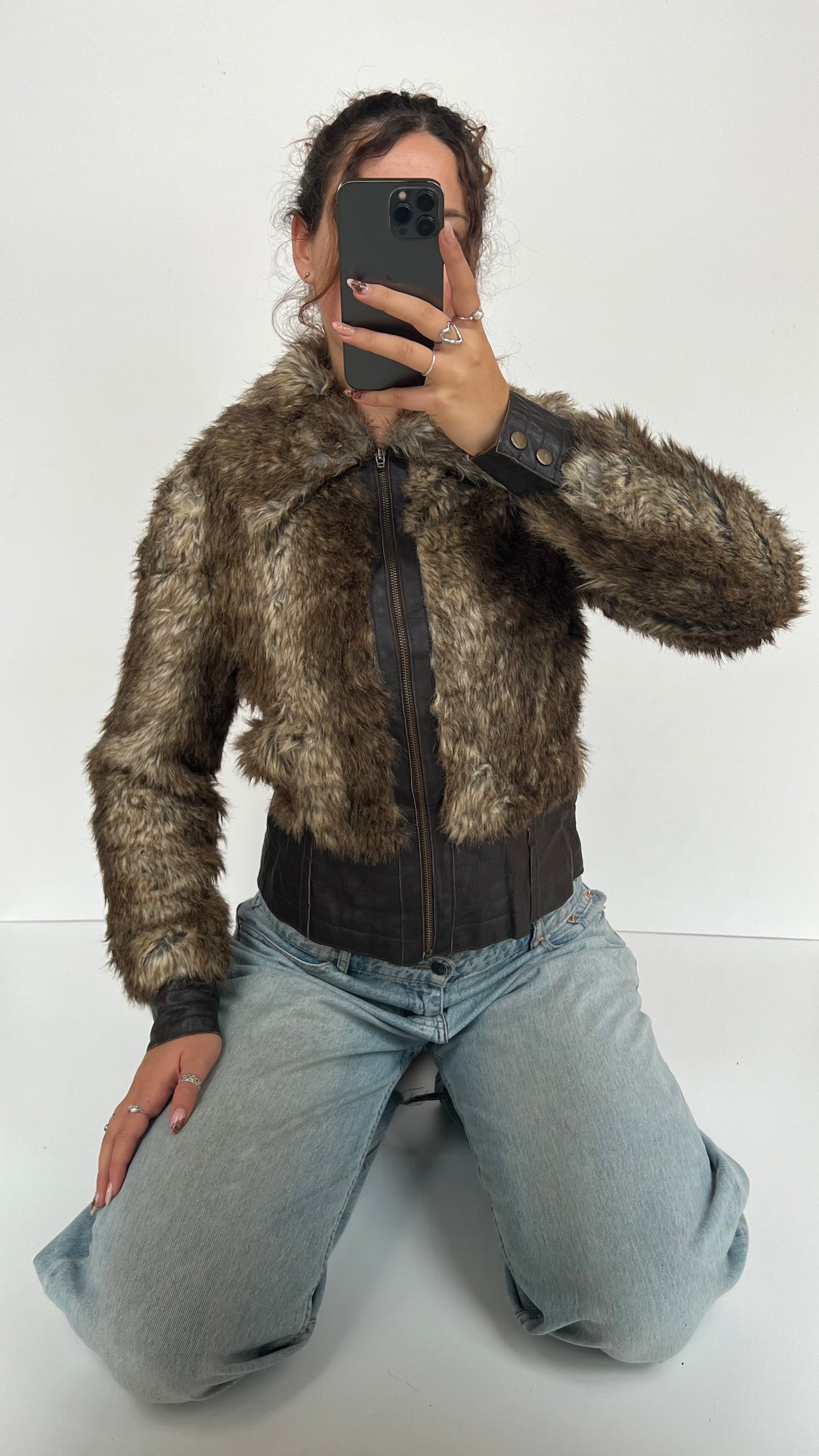 00s brown faux fur leather jacket- size M